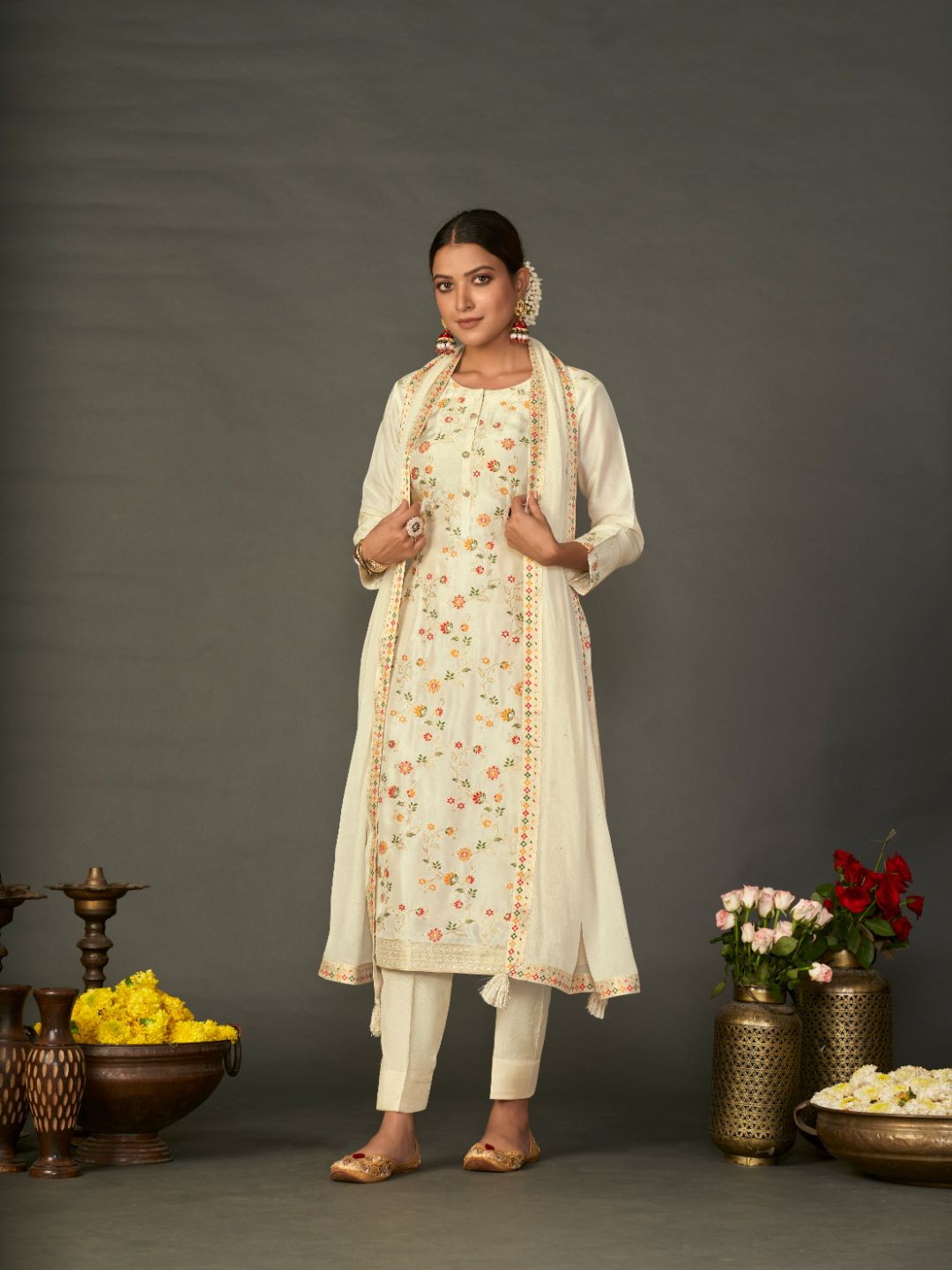 Cream Meena Jacquard Kurta Suit Set - qivii