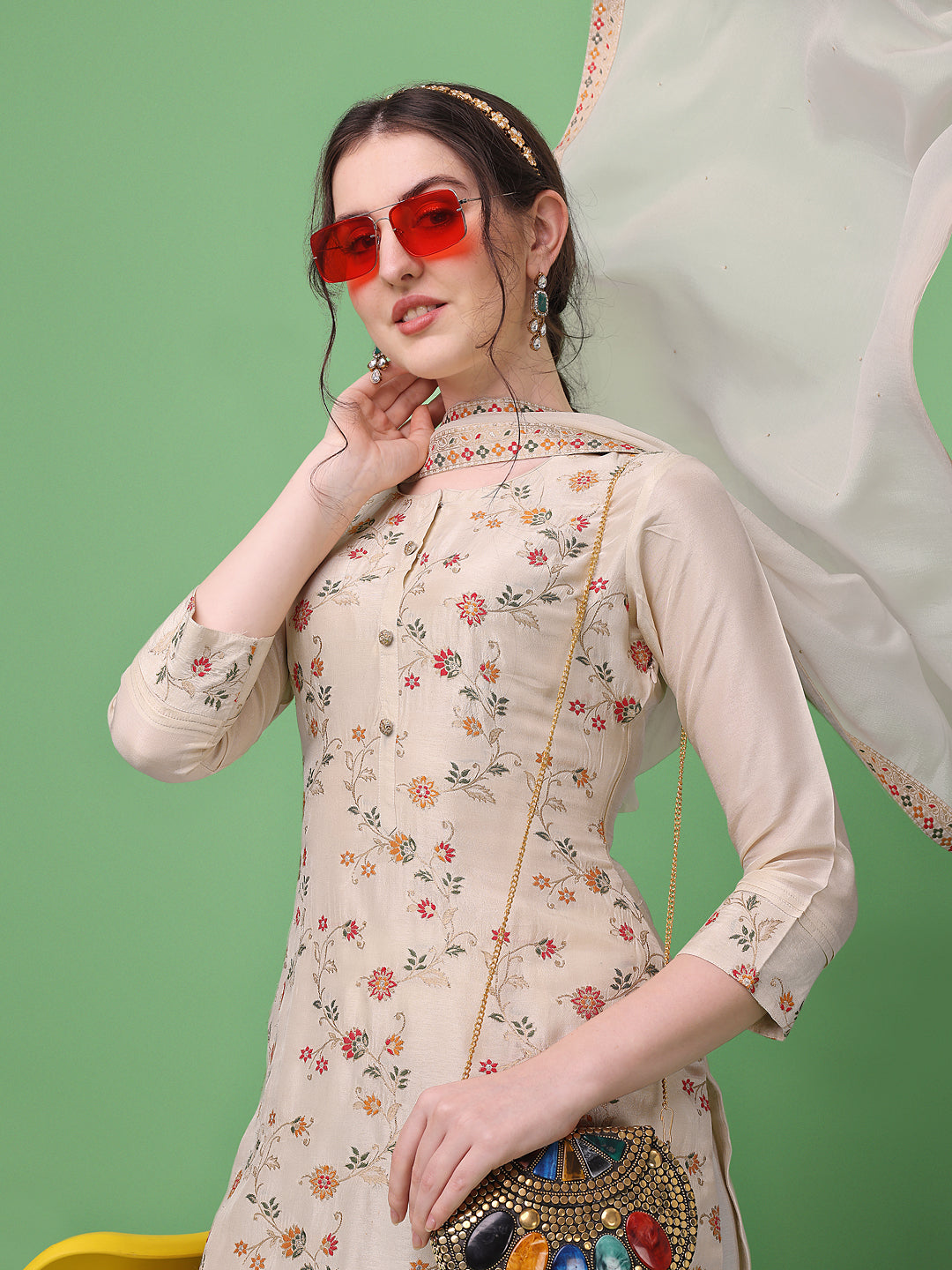 Cream Meena Jacquard Kurta Suit Set