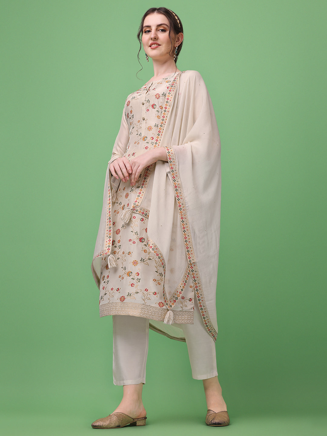 Cream Meena Jacquard Kurta Suit Set