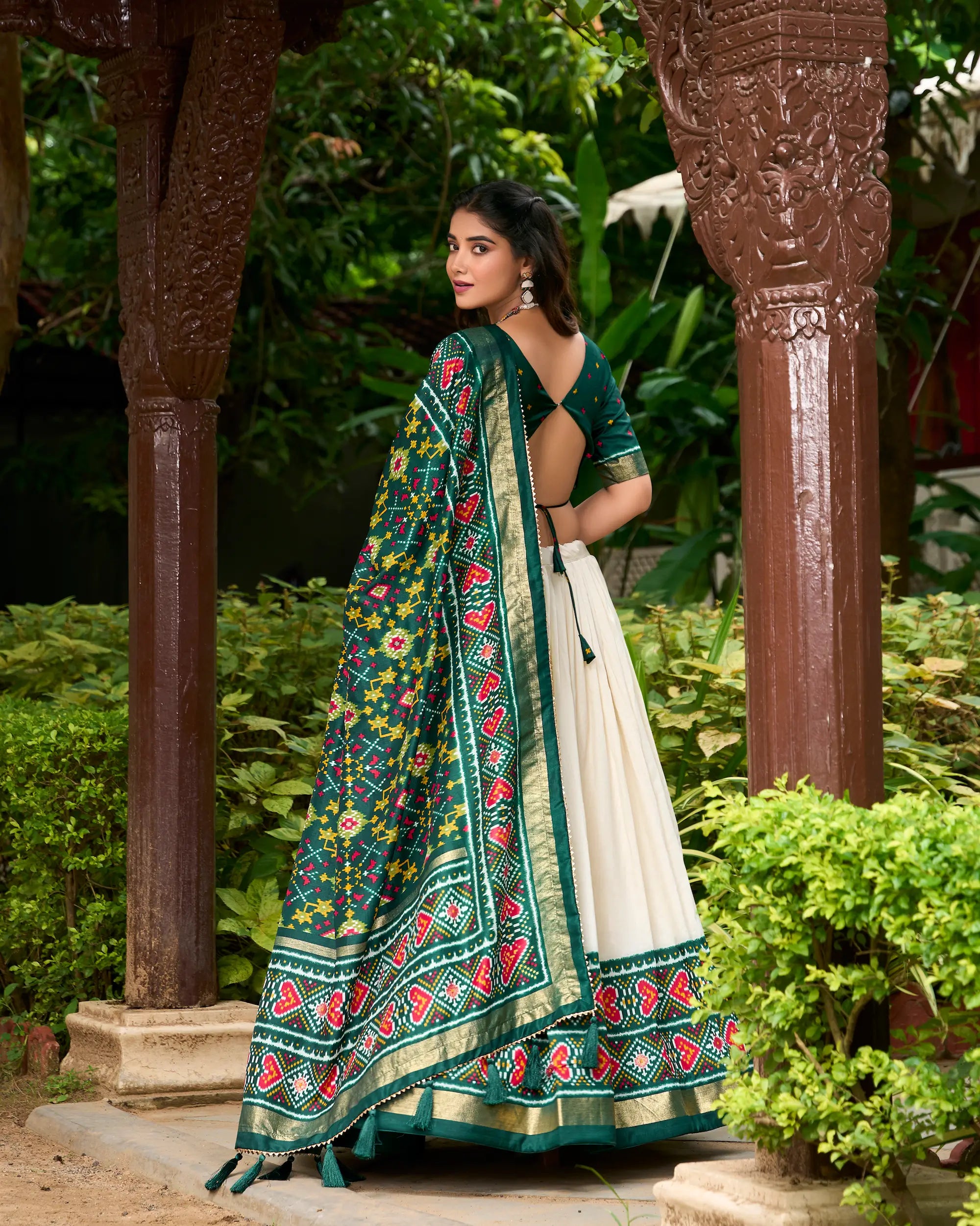 Green Tussar Silk Patola Printed Lehenga Choli | Ready To Wear - qivii