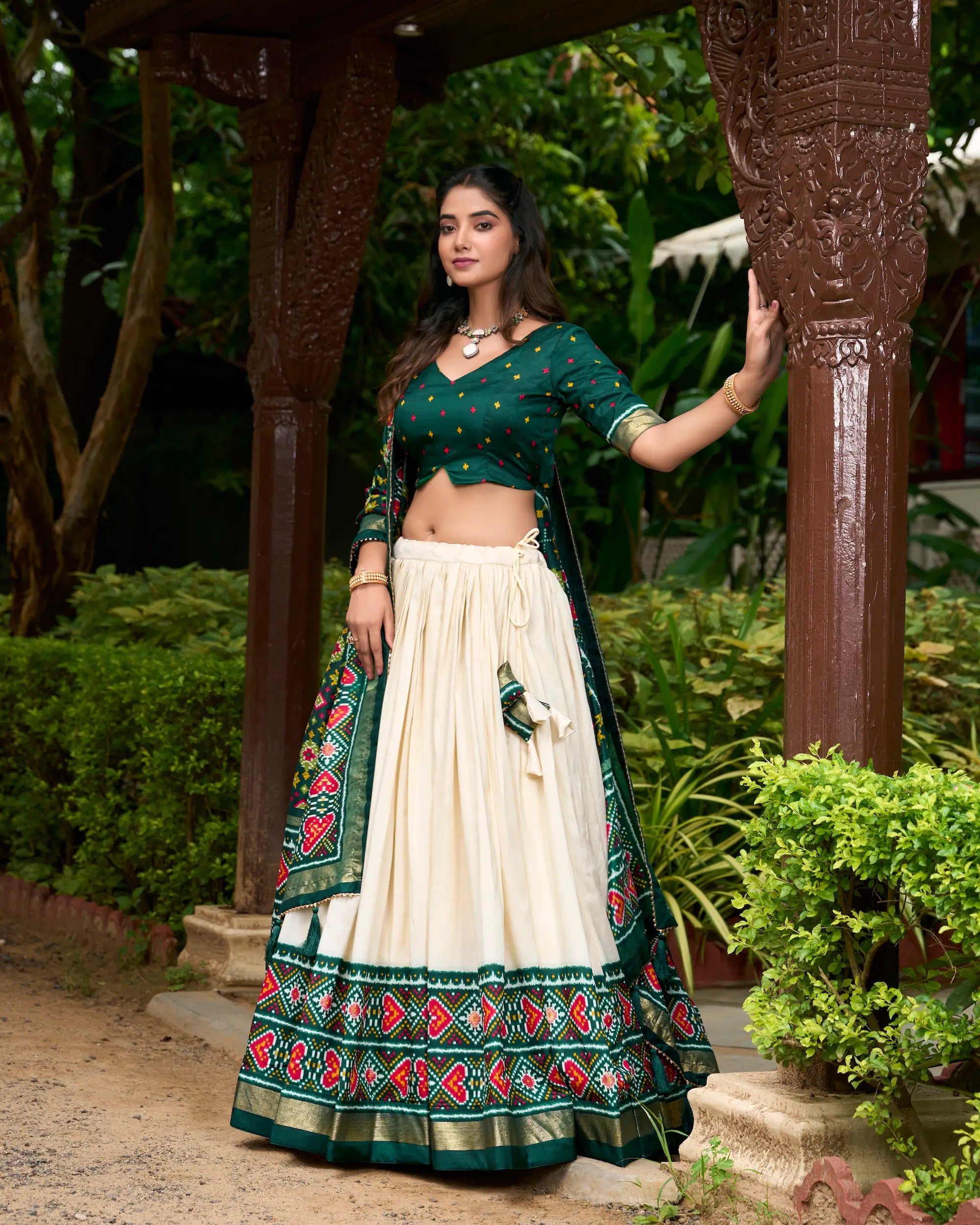 Green Tussar Silk Patola Printed Lehenga Choli | Ready To Wear - qivii