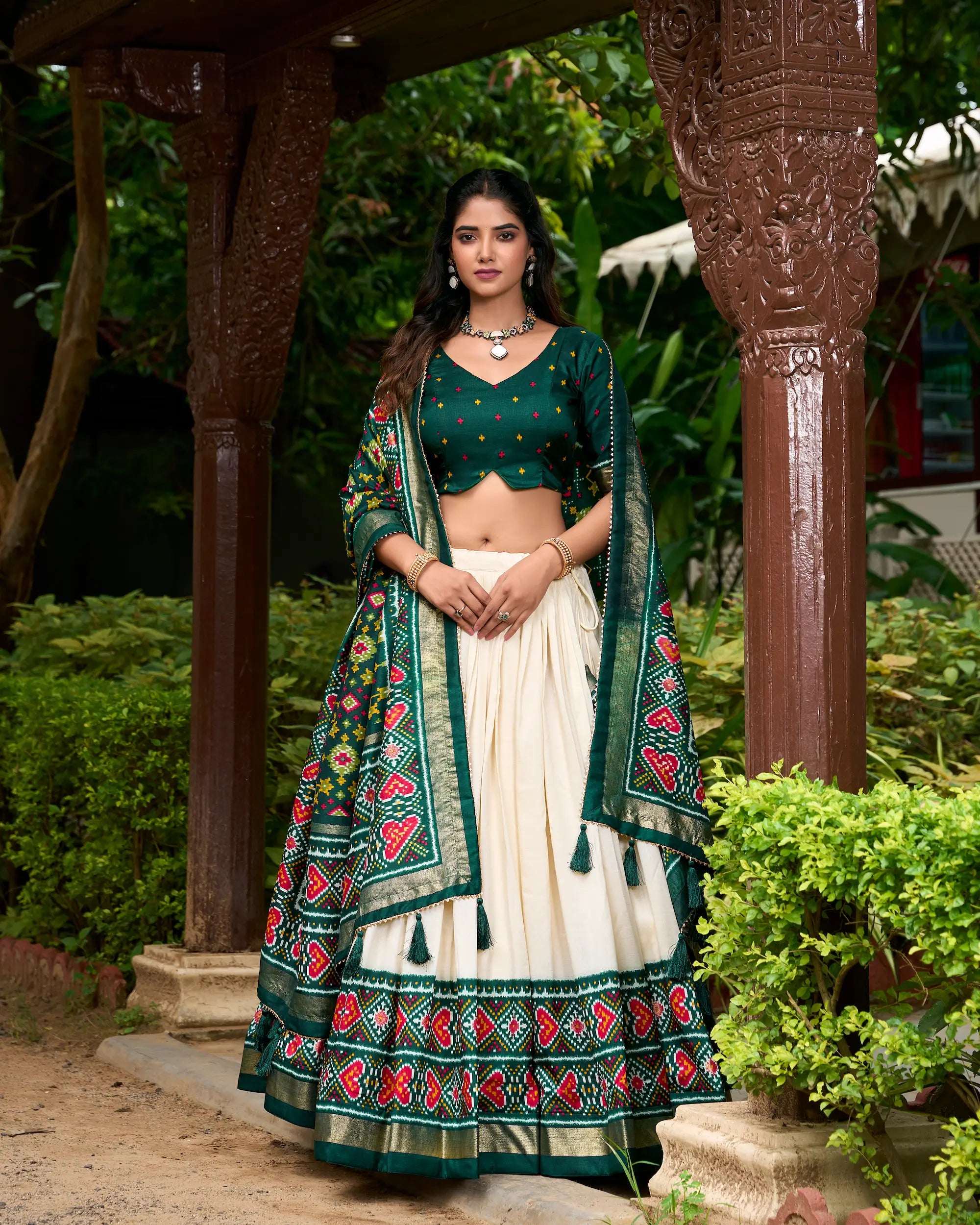 Green Tussar Silk Patola Printed Lehenga Choli | Ready To Wear - qivii