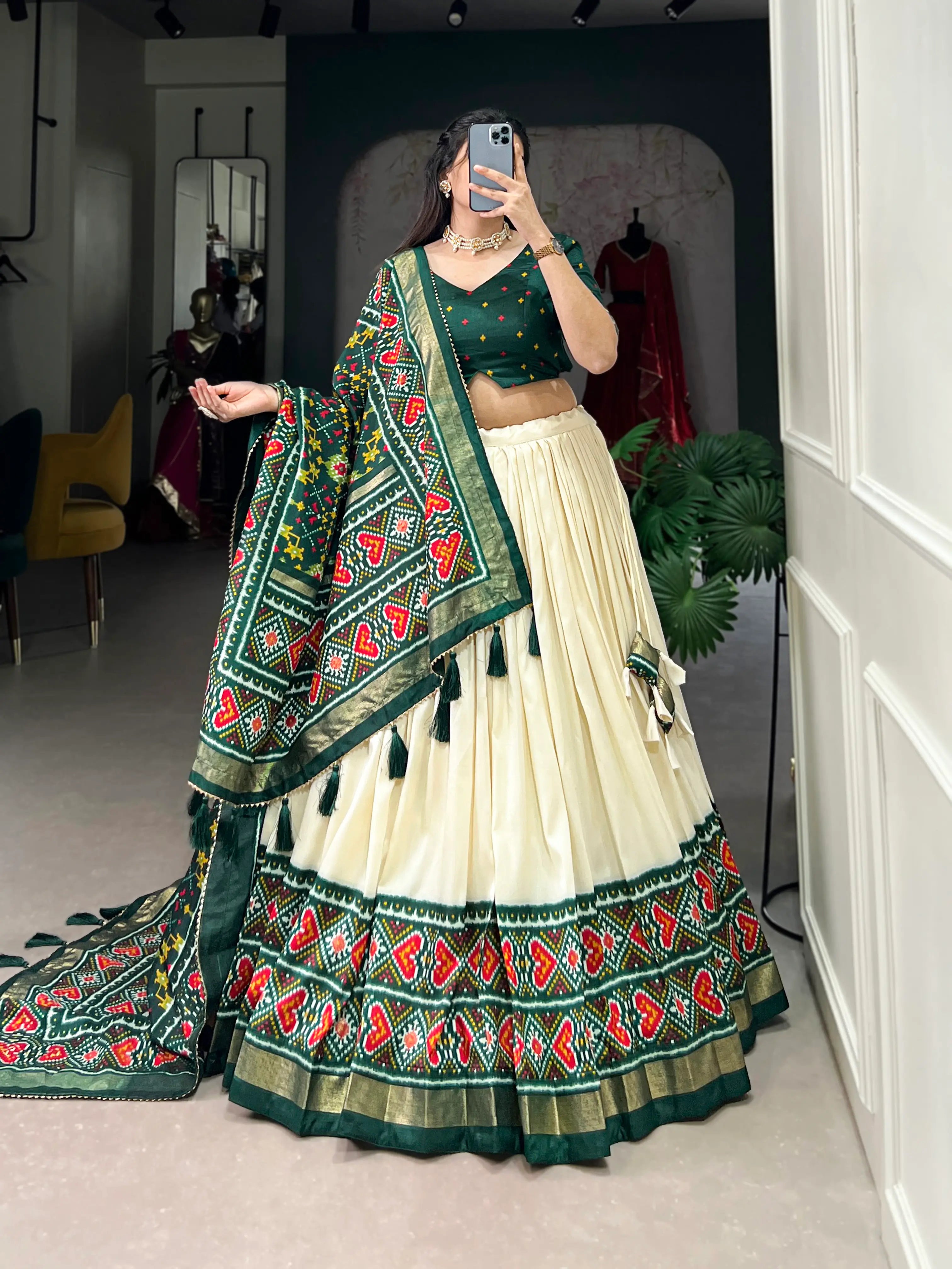 Green Tussar Silk Patola Printed Lehenga Choli | Ready To Wear - qivii