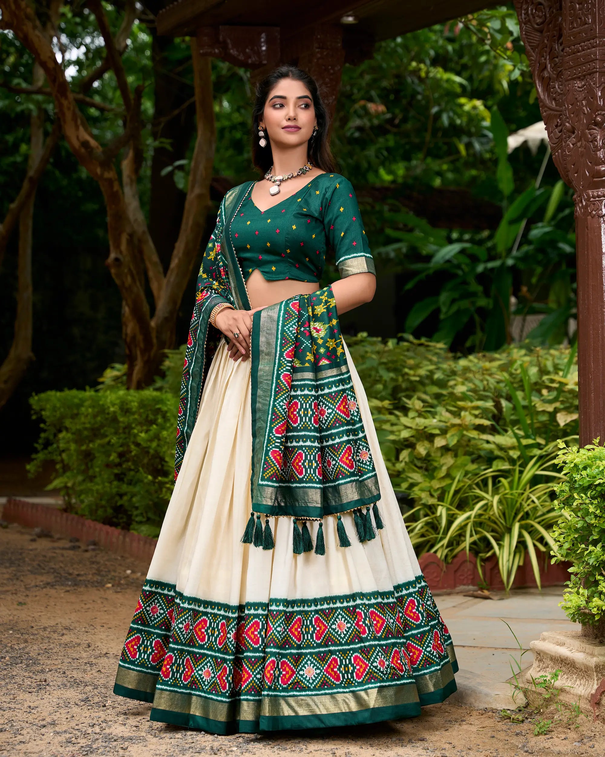 Green Tussar Silk Patola Printed Lehenga Choli | Ready To Wear - qivii