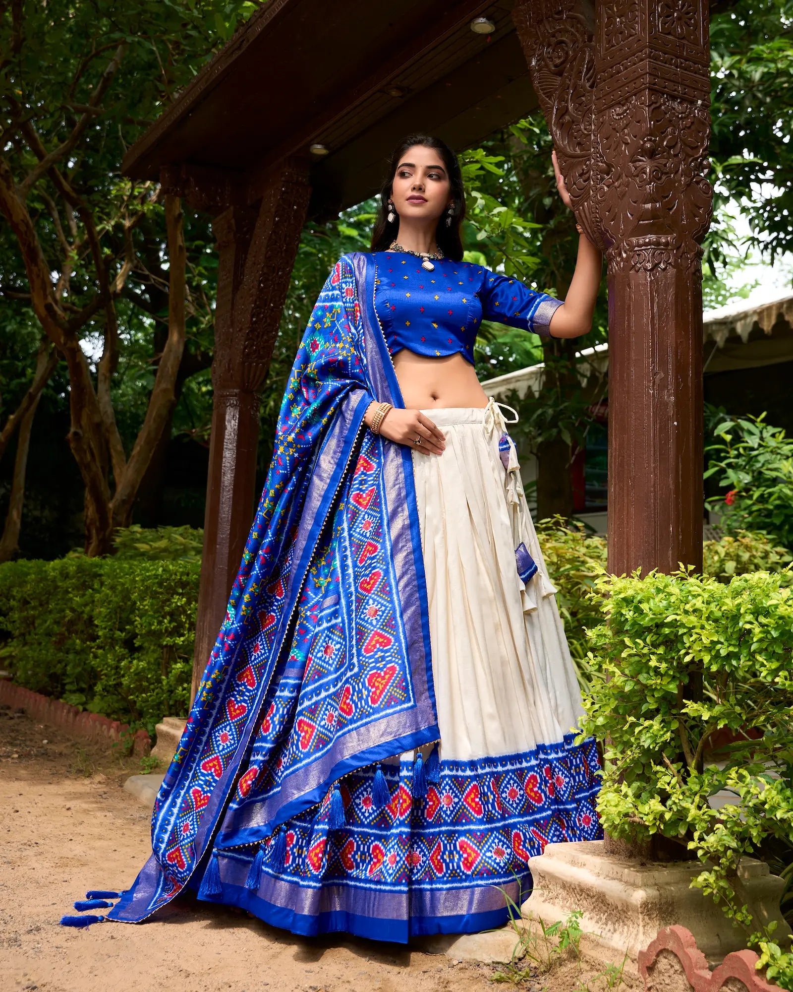 Royal Blue Tussar Silk Patola Printed Lehenga Choli | Ready To Wear - qivii