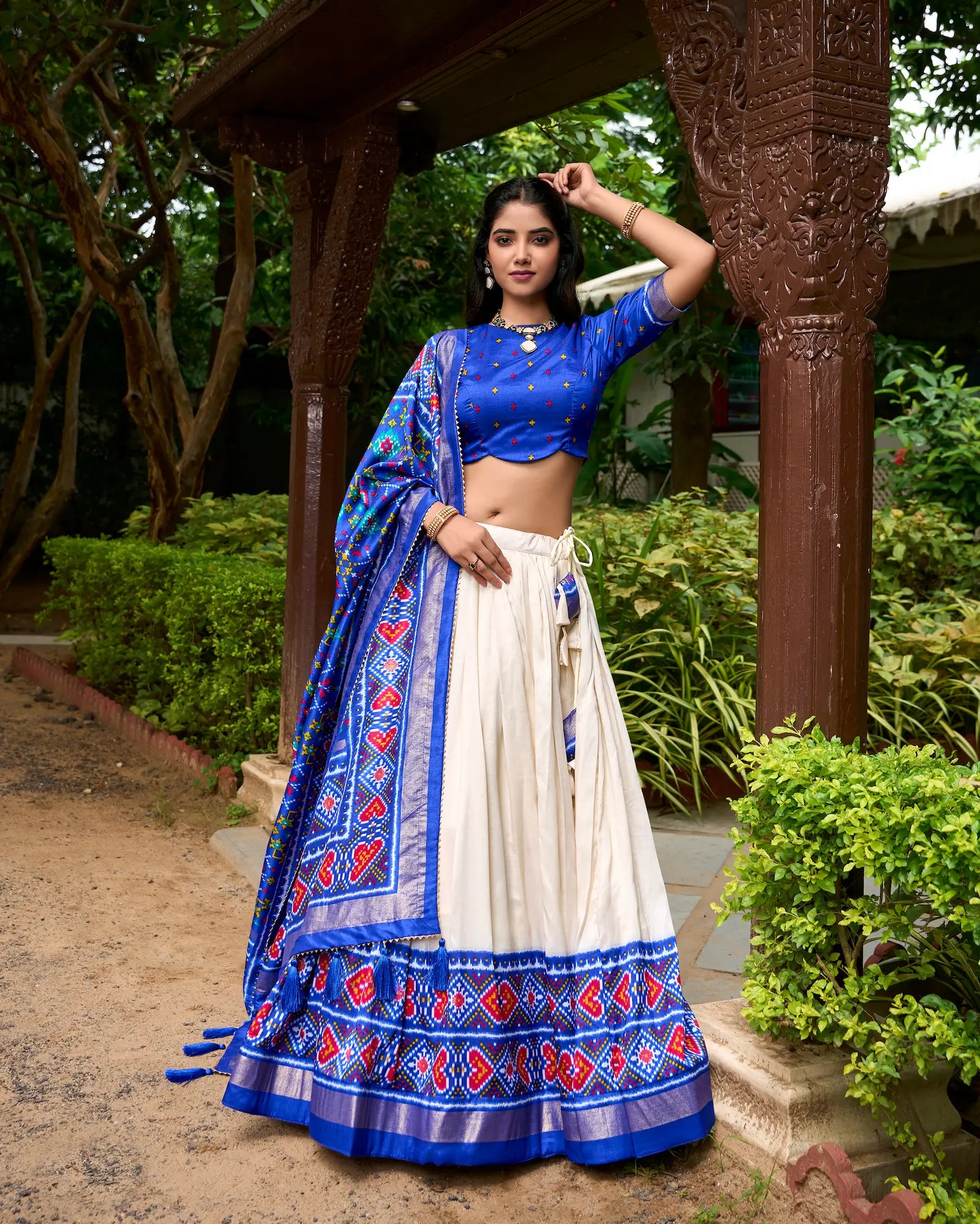 Royal Blue Tussar Silk Patola Printed Lehenga Choli | Ready To Wear - qivii