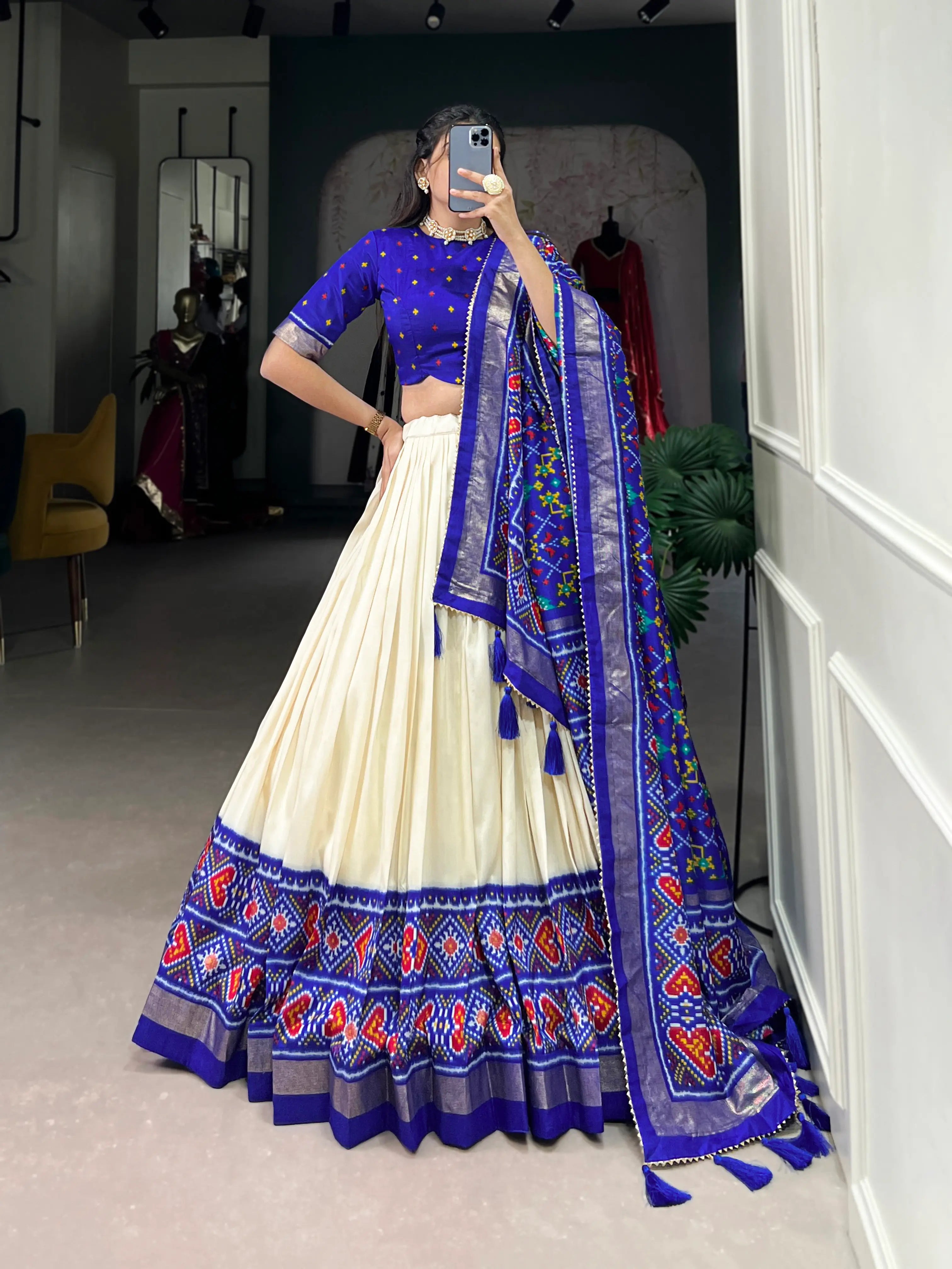 Royal Blue Tussar Silk Patola Printed Lehenga Choli | Ready To Wear - qivii