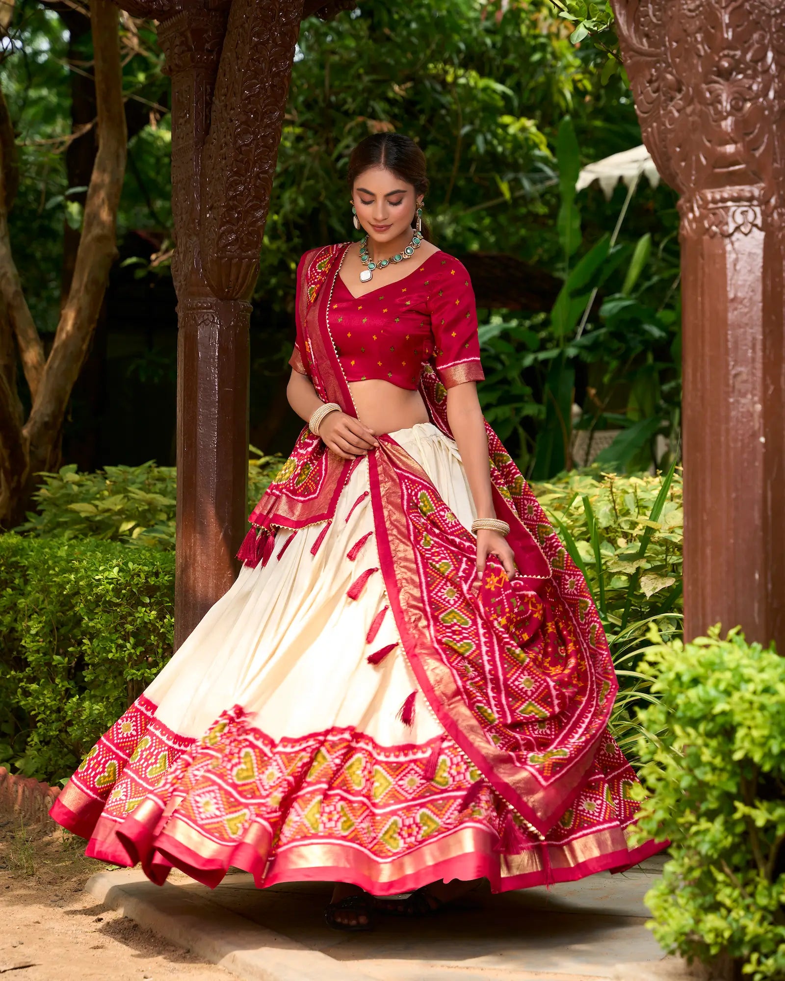 Red Tussar Silk Patola Printed Lehenga Choli | Ready To Wear - qivii