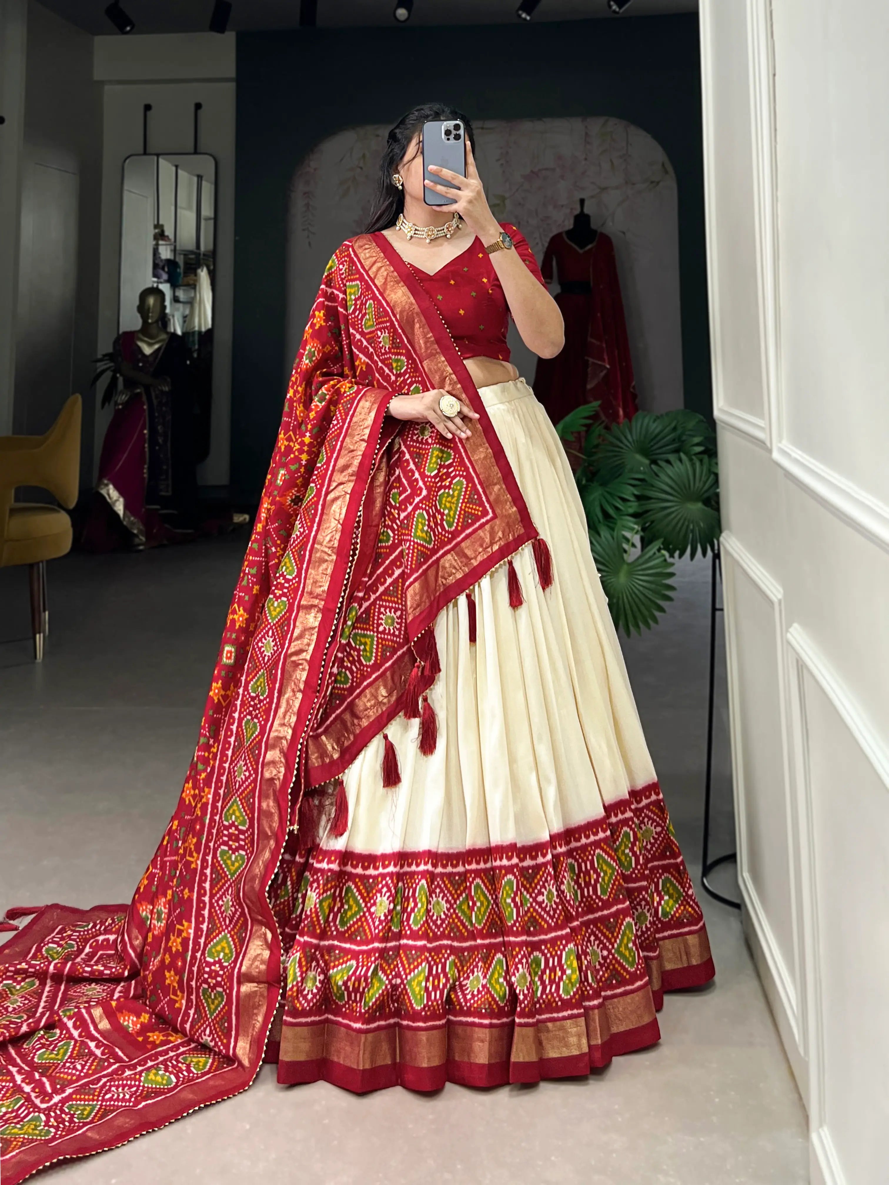 Red Tussar Silk Patola Printed Lehenga Choli | Ready To Wear - qivii