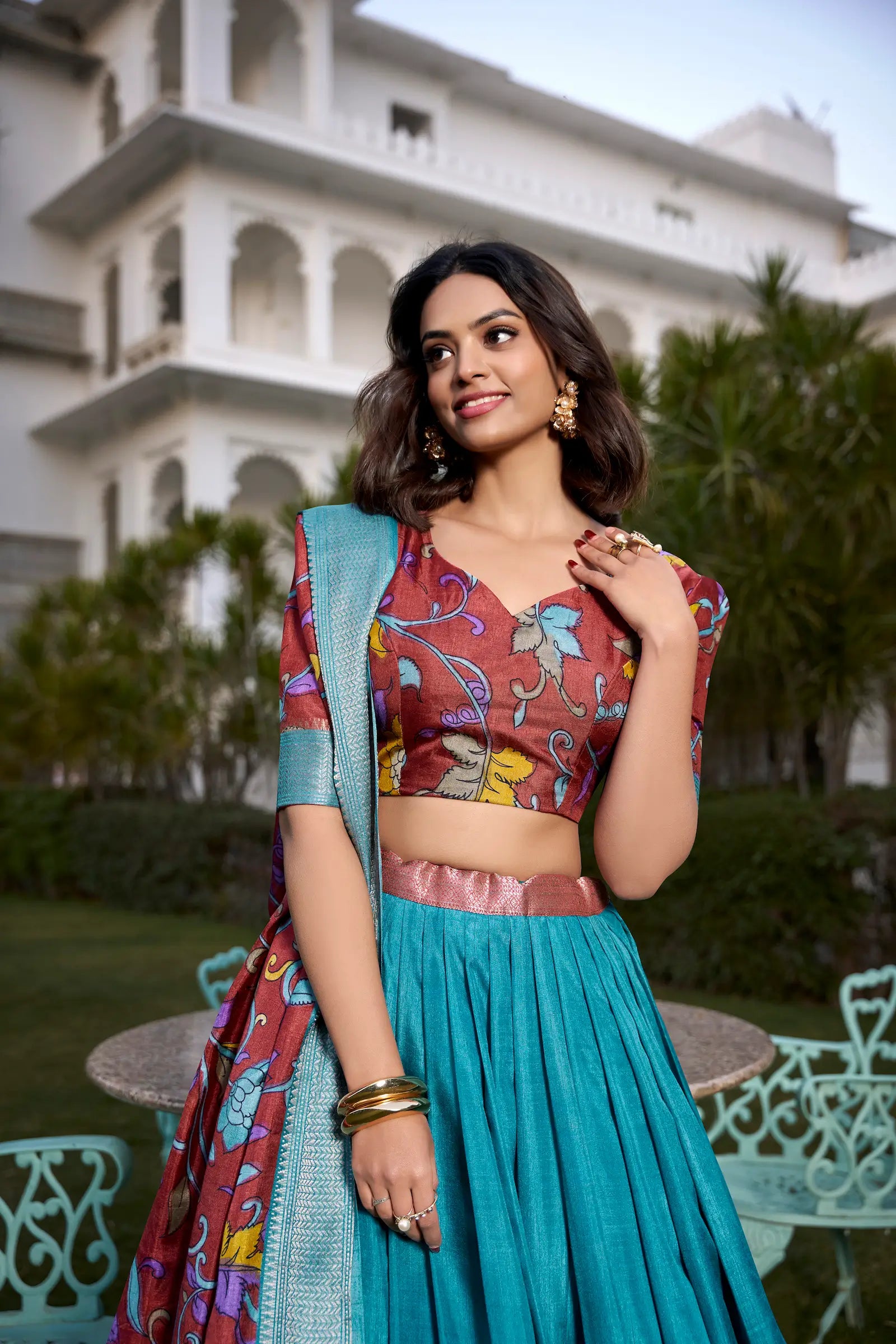 Teal Blue dola Silk Kalamkari Printed Lehenga Choli | Ready To Wear - qivii