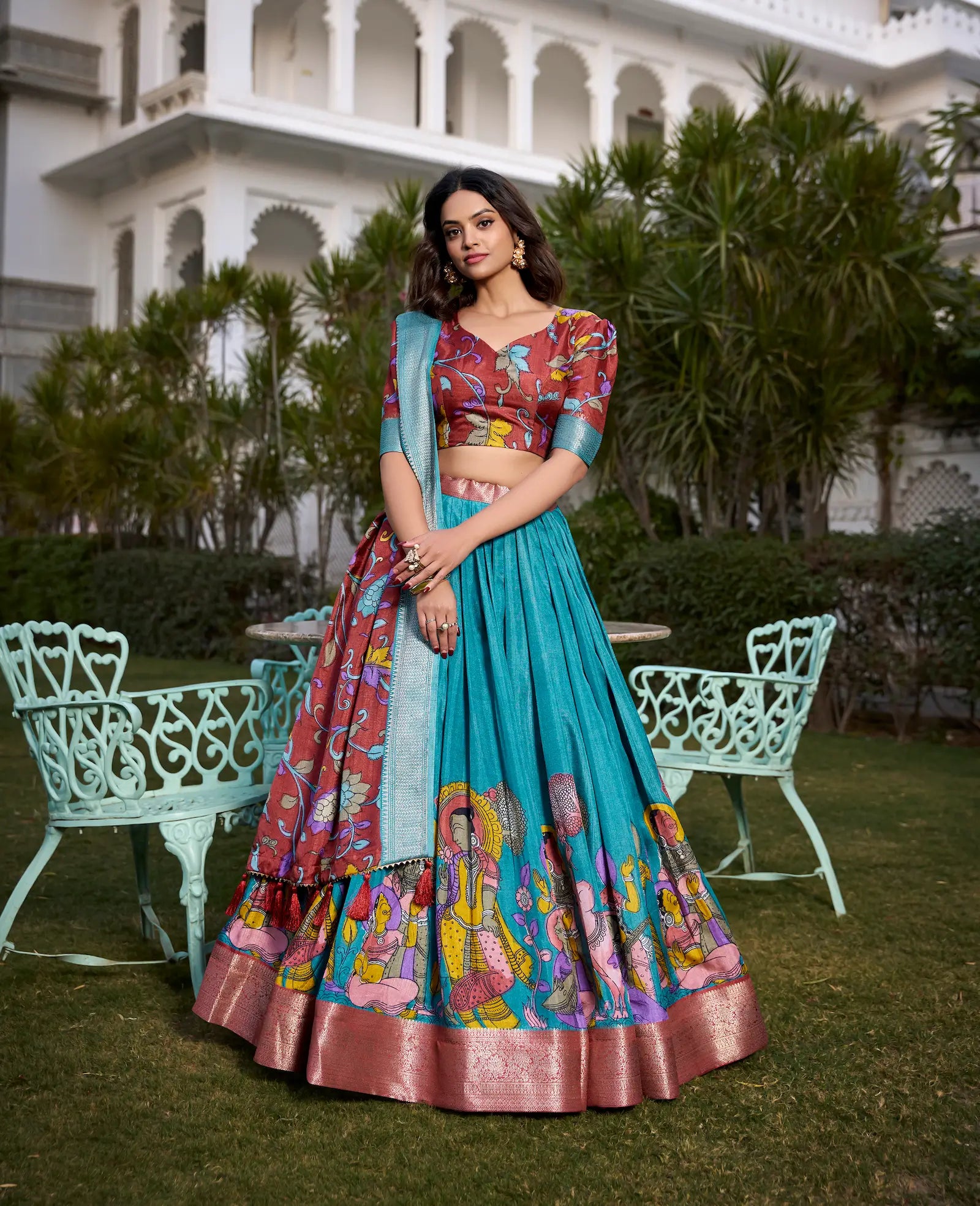 Teal Blue dola Silk Kalamkari Printed Lehenga Choli | Ready To Wear - qivii