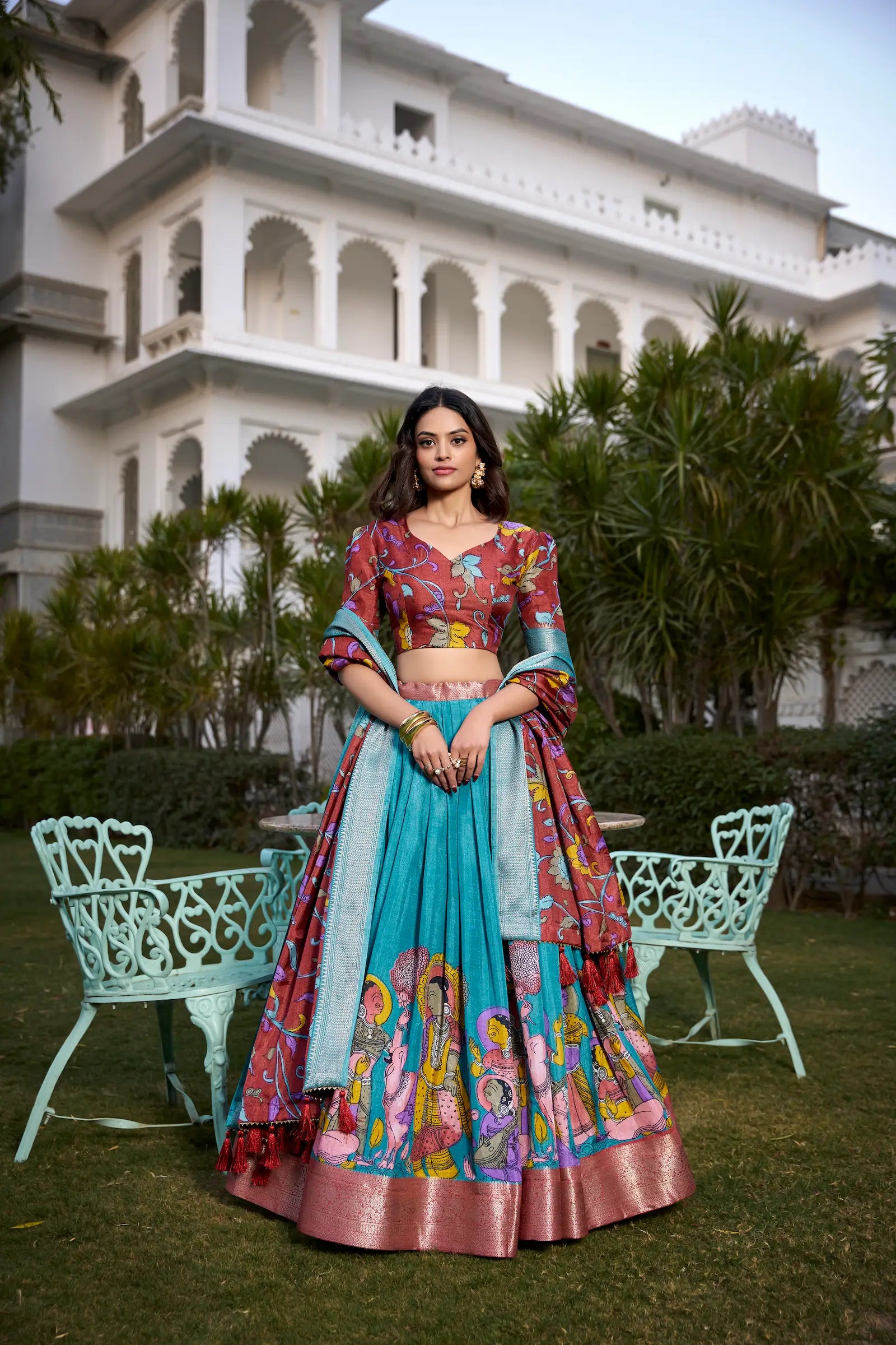 Teal Blue dola Silk Kalamkari Printed Lehenga Choli | Ready To Wear - qivii