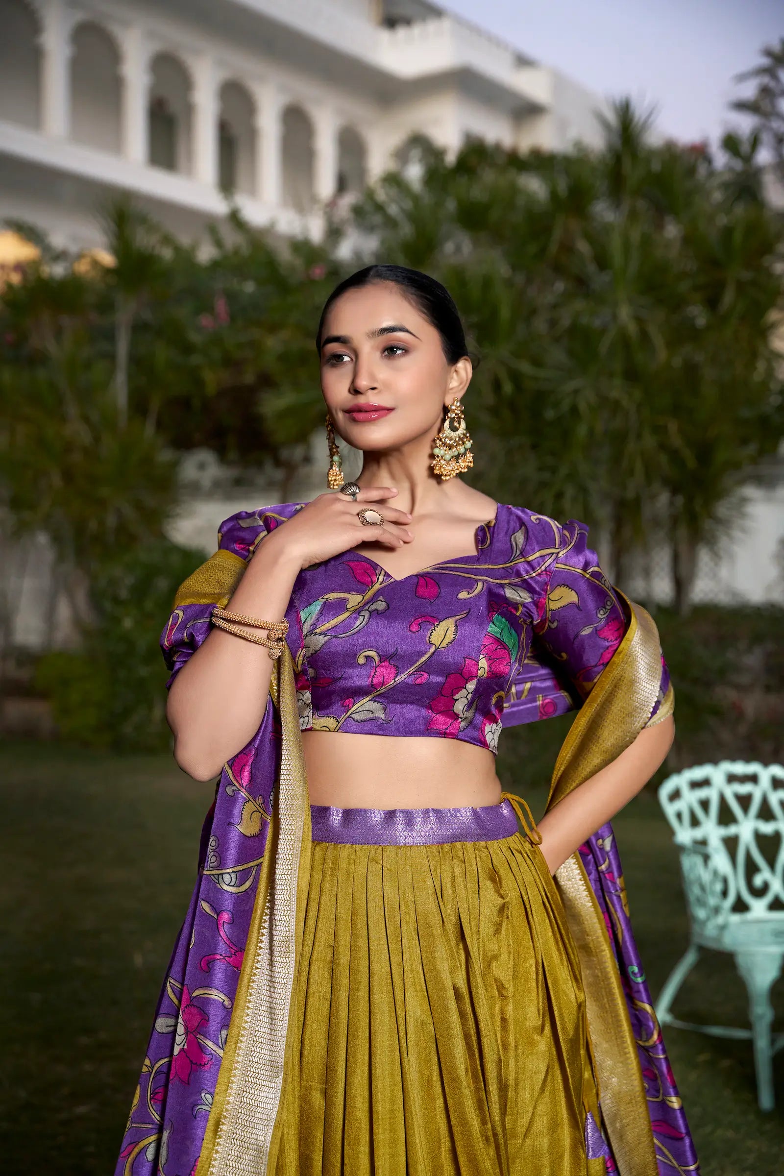 Mustard dola Silk Kalamkari Printed Lehenga Choli | Ready To Wear - qivii