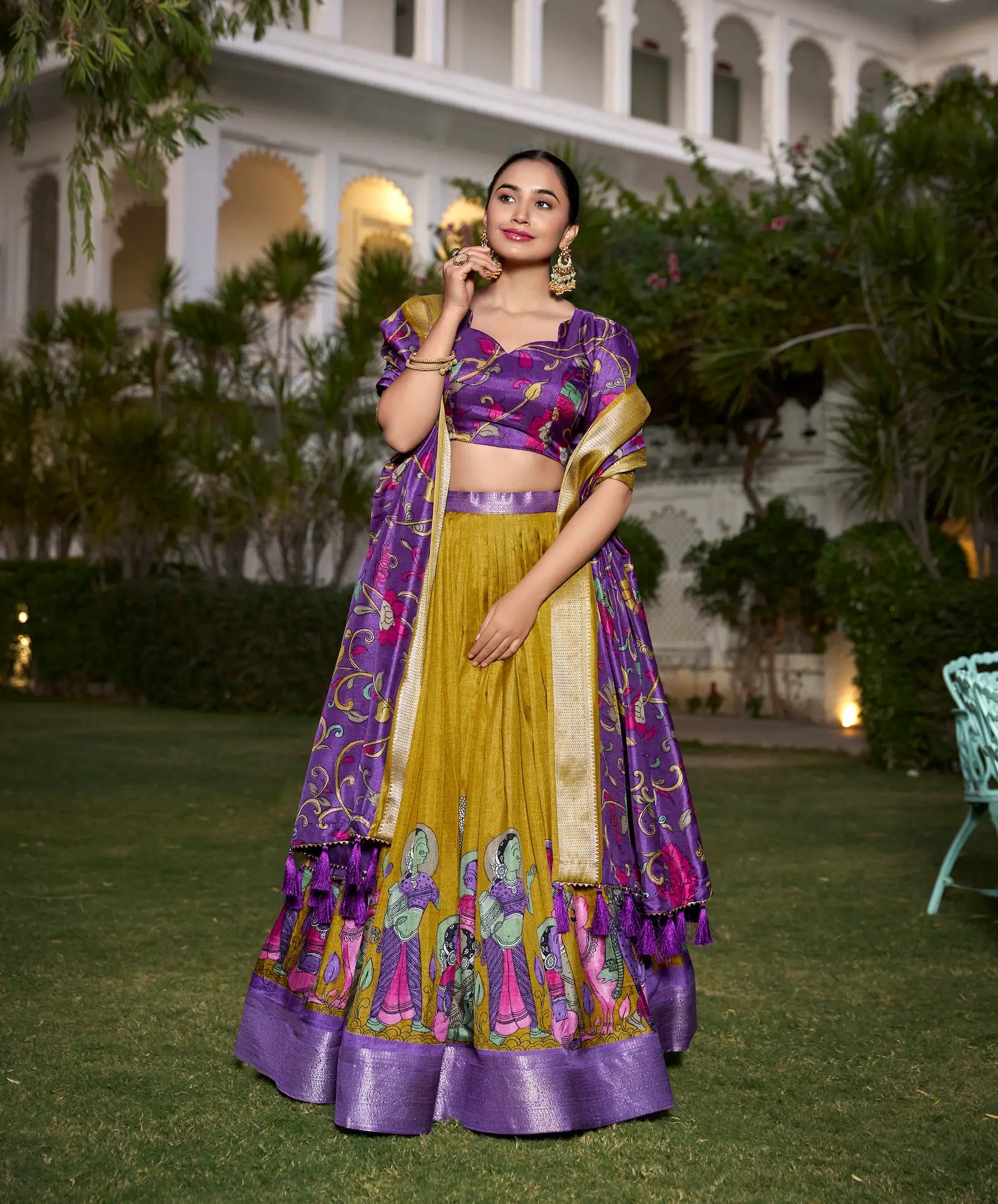 Mustard dola Silk Kalamkari Printed Lehenga Choli | Ready To Wear - qivii