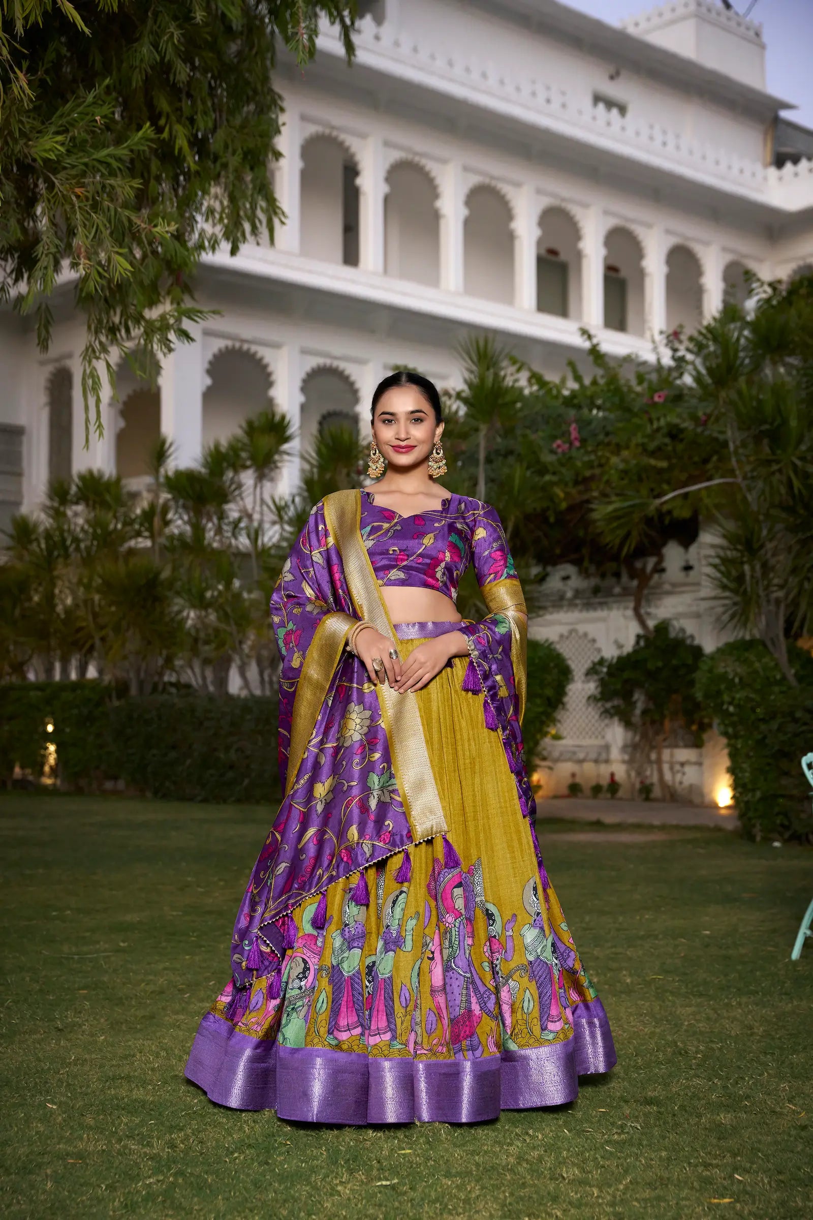 Mustard dola Silk Kalamkari Printed Lehenga Choli | Ready To Wear - qivii