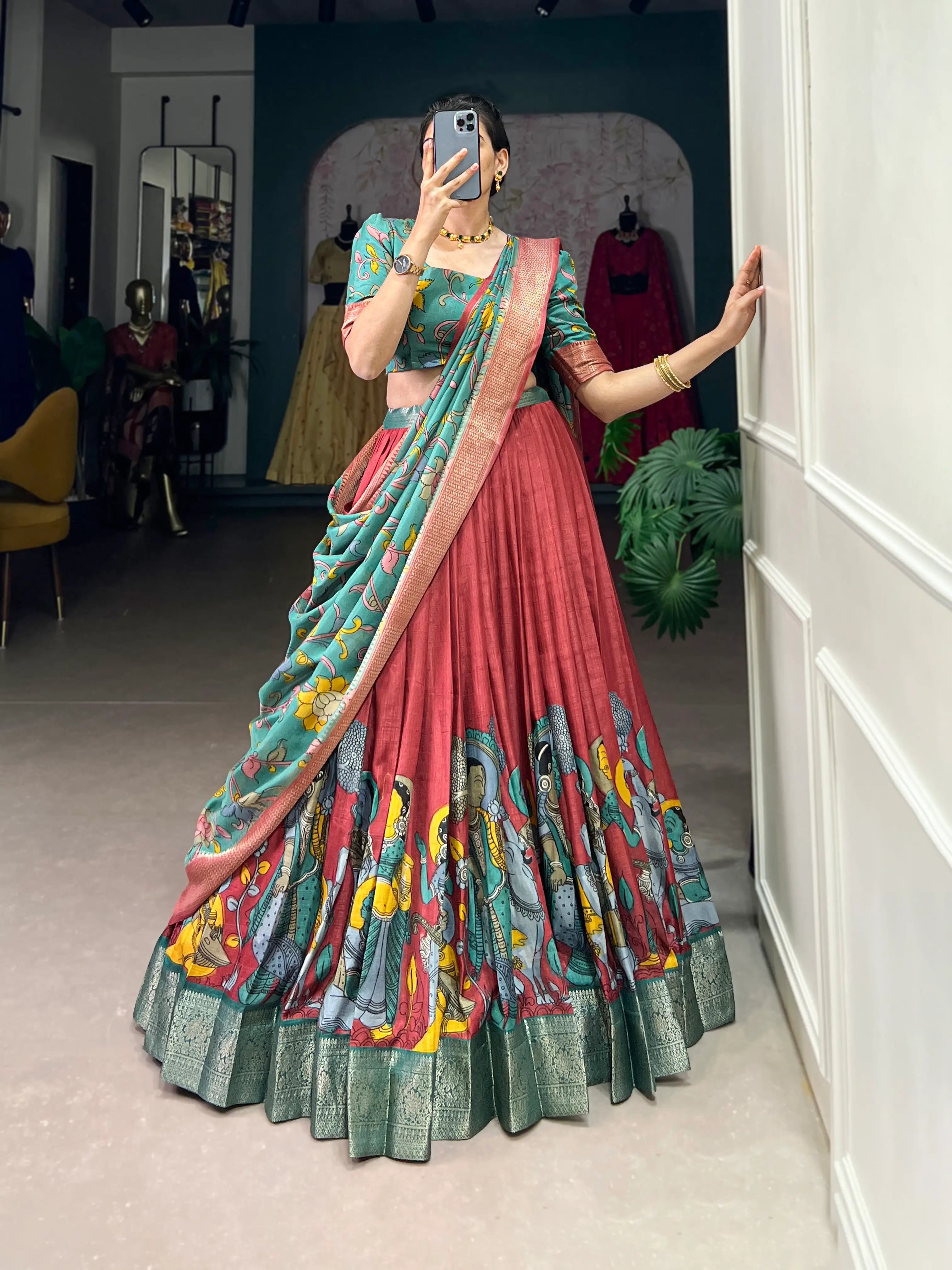 Dusty Red dola Silk Kalamkari Printed Lehenga Choli | Ready To Wear - qivii