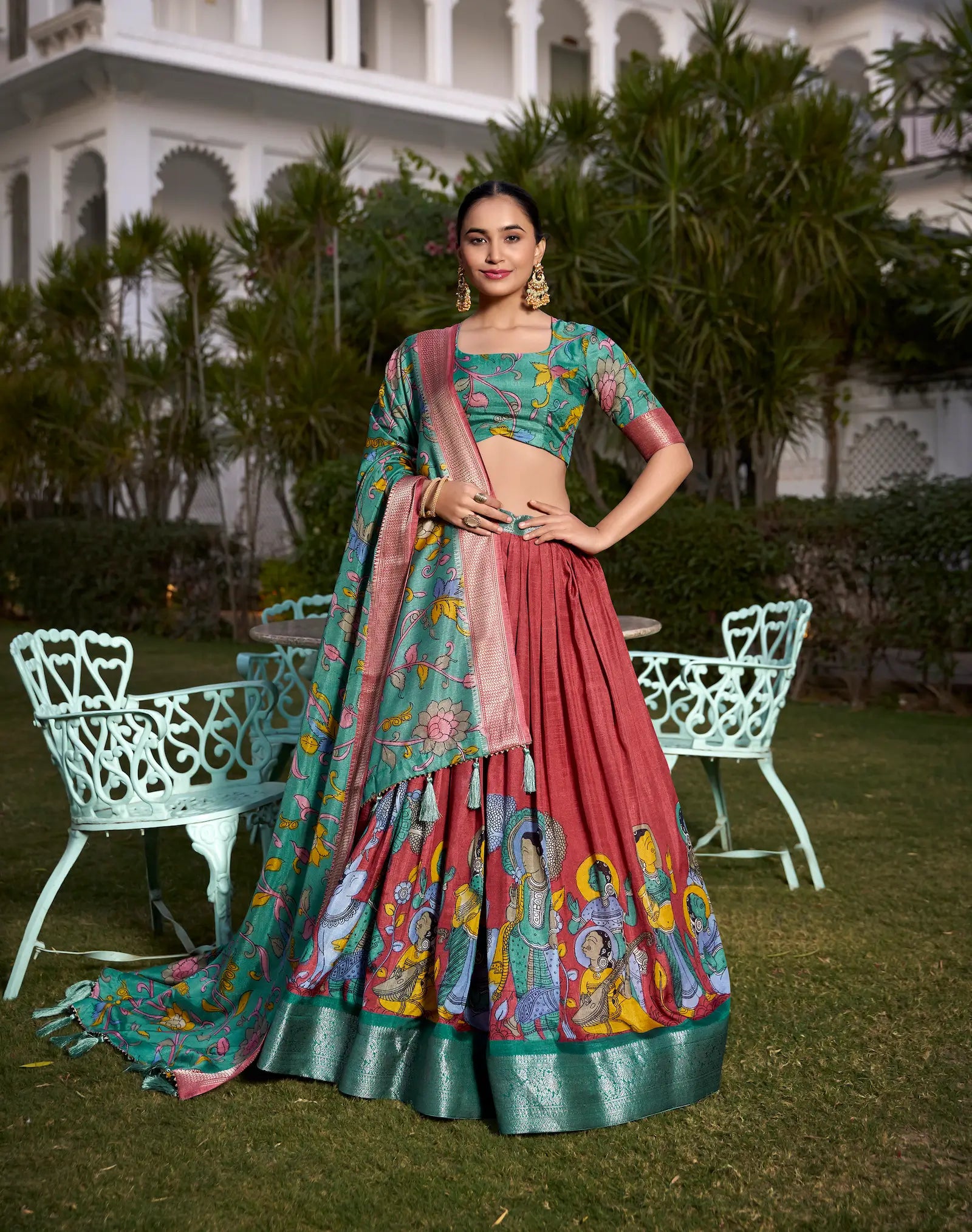 Dusty Red dola Silk Kalamkari Printed Lehenga Choli | Ready To Wear - qivii