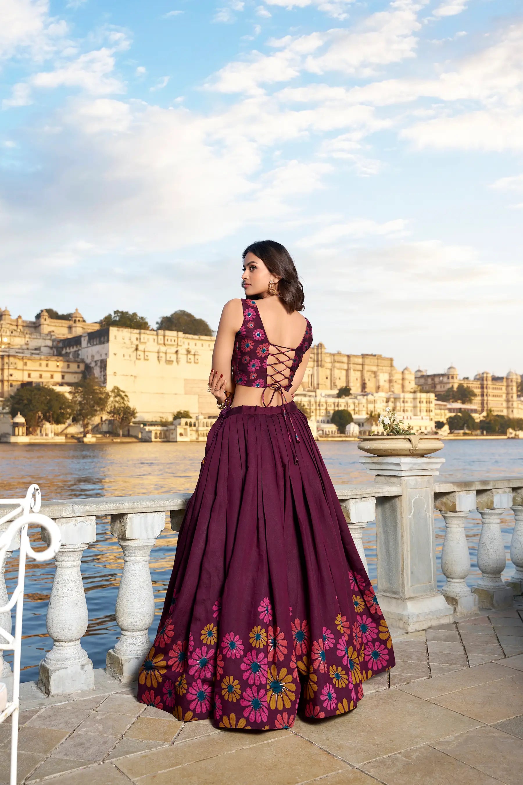 Wine Tussar Silk Floral Printed Lehenga Choli | Ready To Wear - qivii