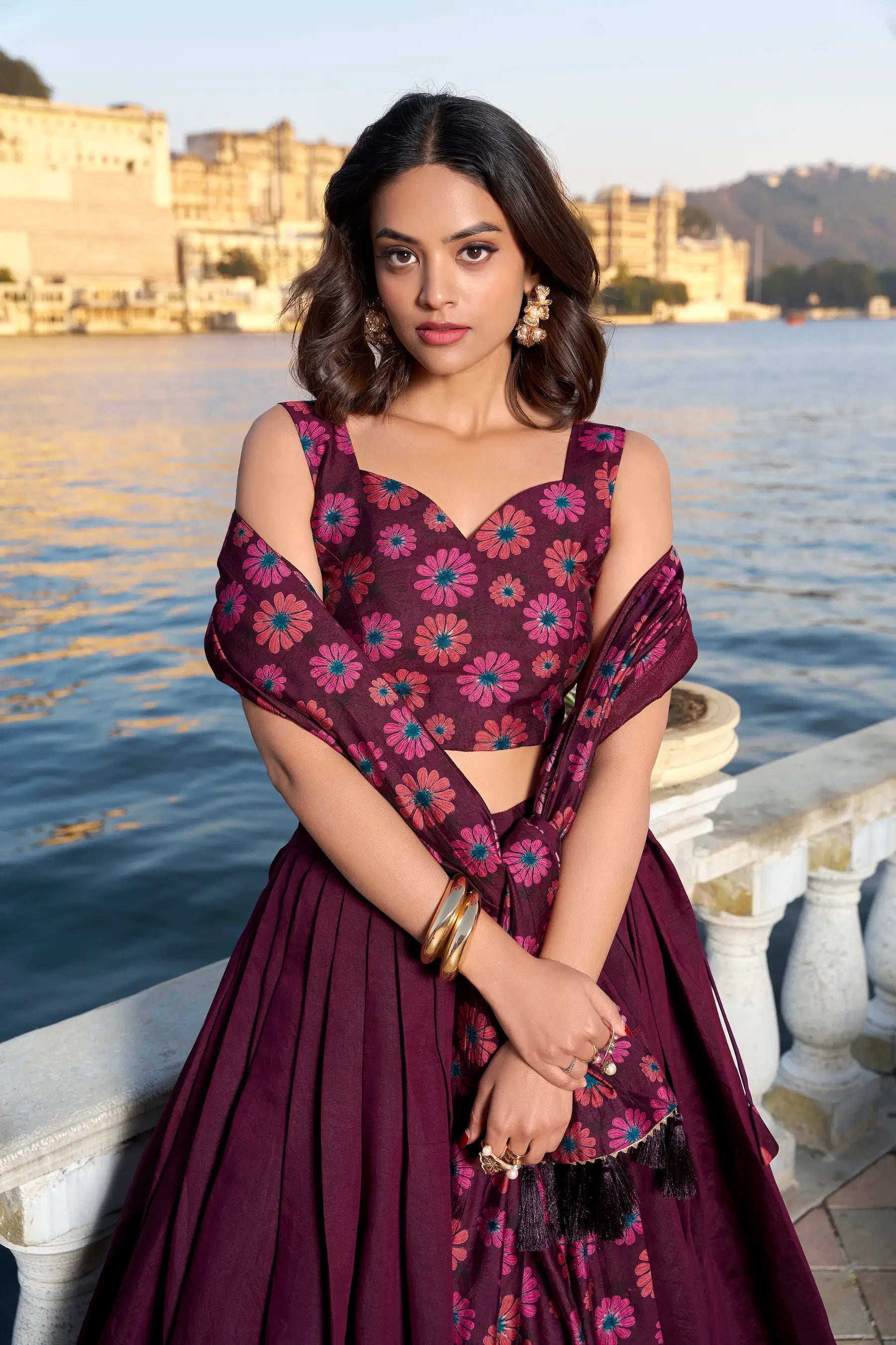 Wine Tussar Silk Floral Printed Lehenga Choli | Ready To Wear - qivii