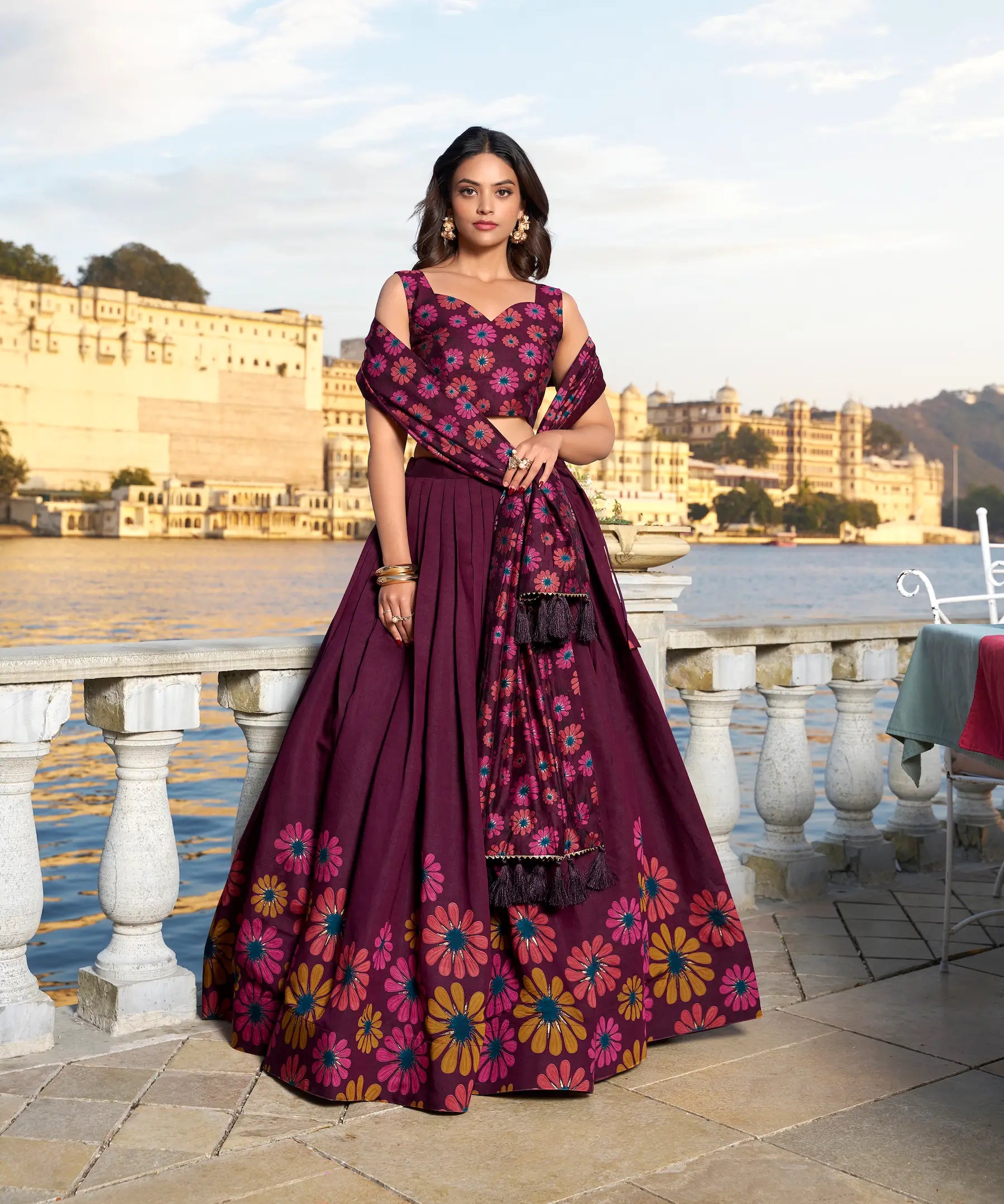 Wine Tussar Silk Floral Printed Lehenga Choli | Ready To Wear - qivii
