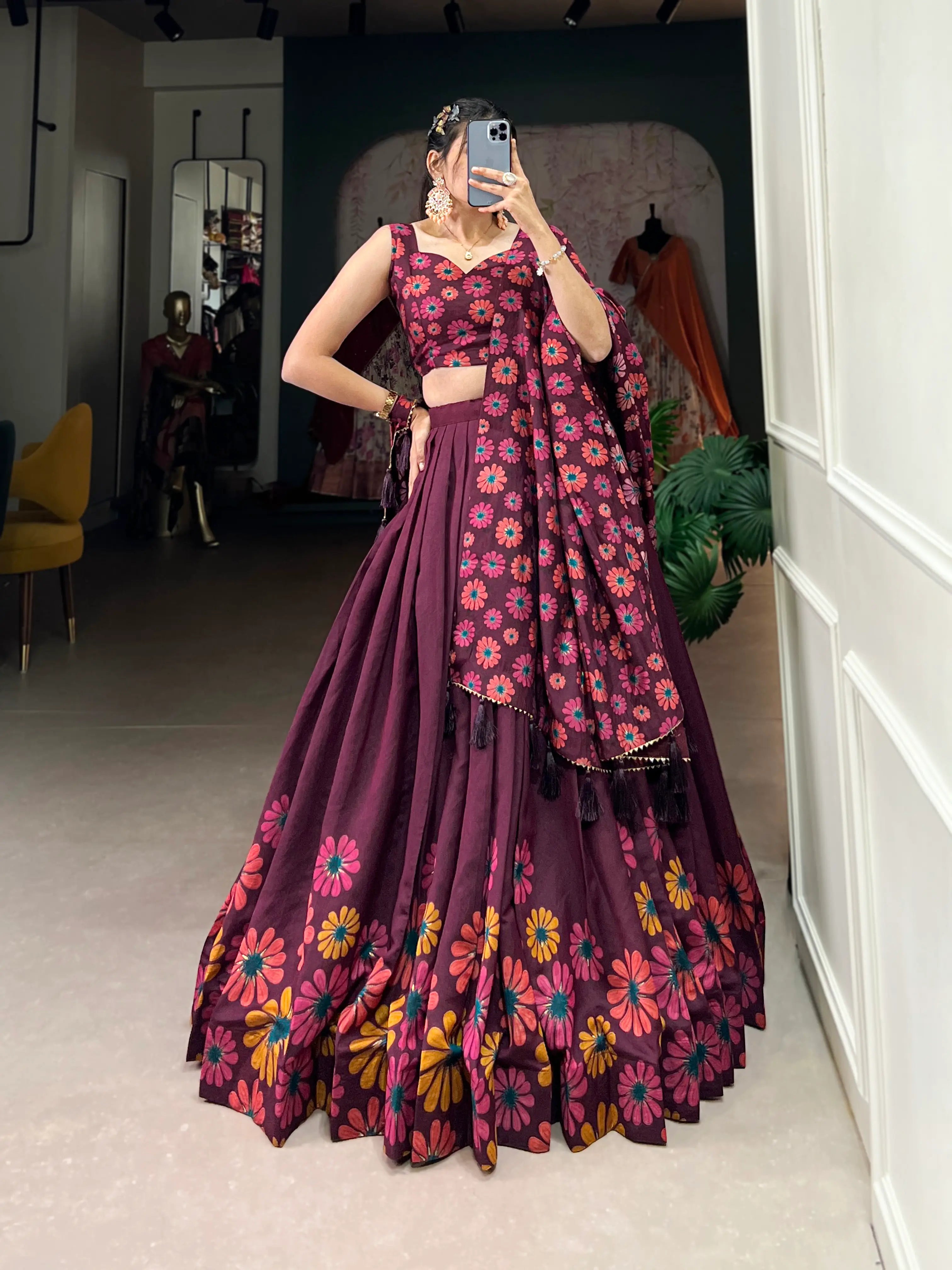 Wine Tussar Silk Floral Printed Lehenga Choli | Ready To Wear - qivii