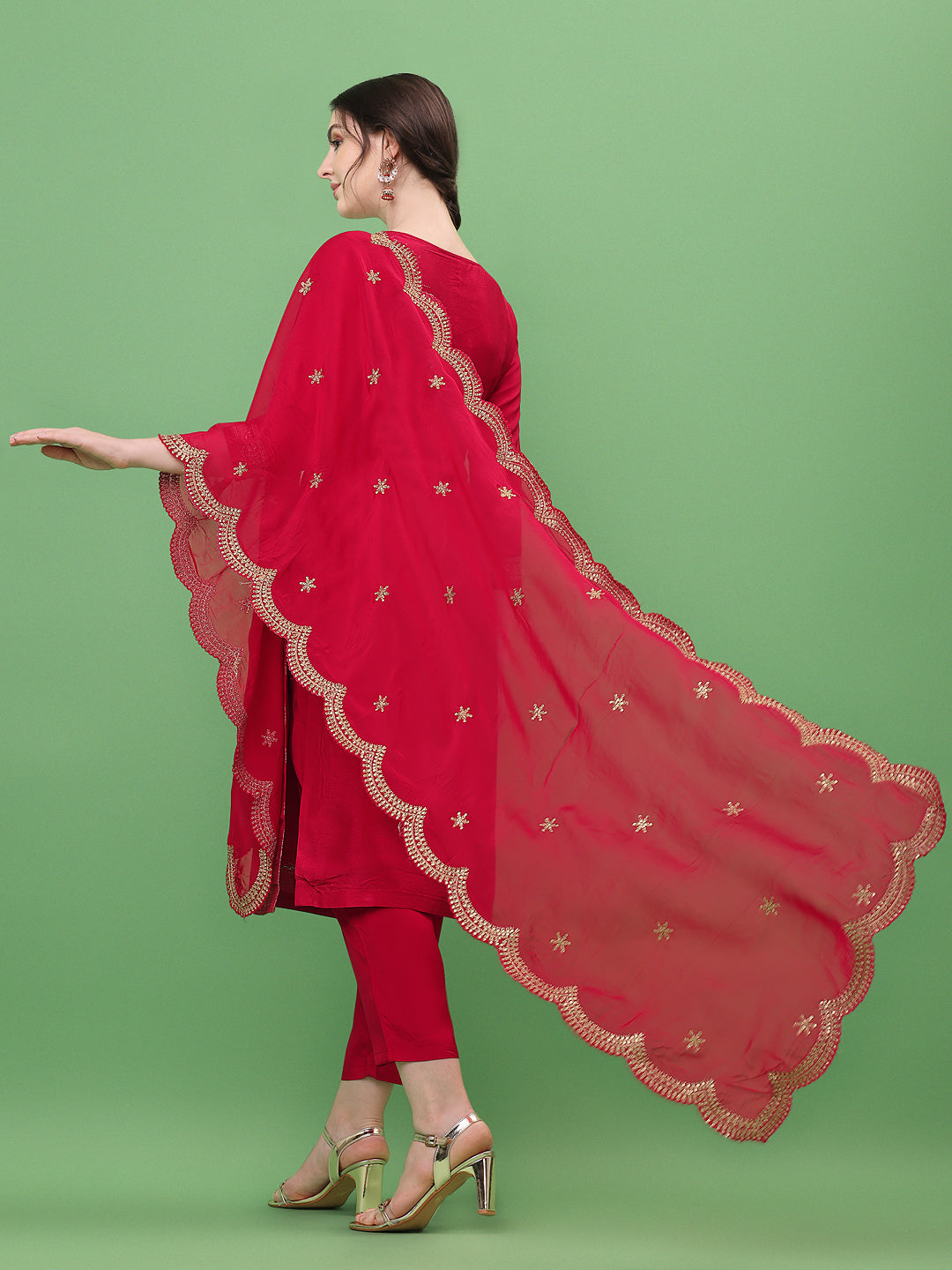 Red Jacquard Kurta With Dupatta