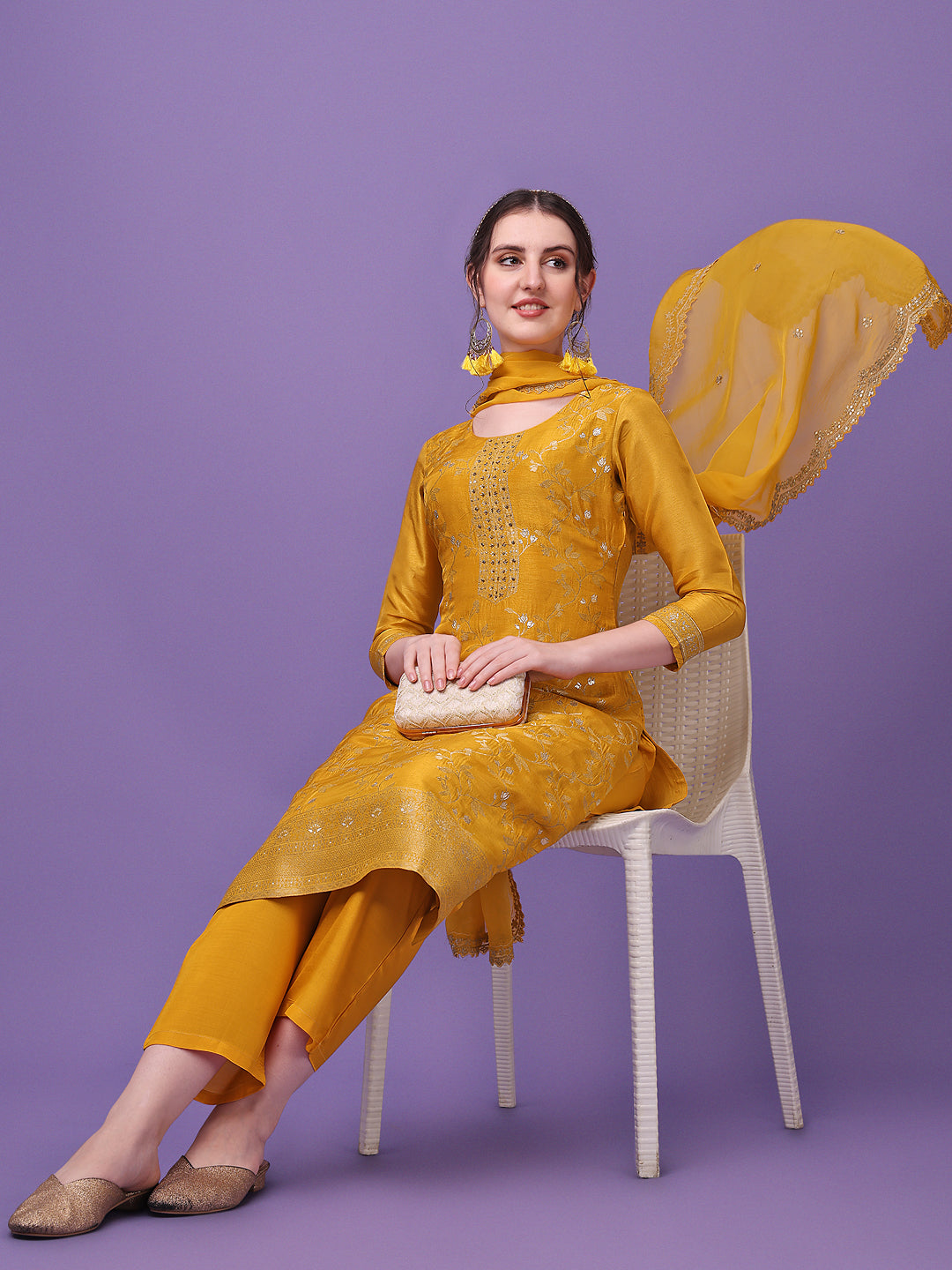 Golden Yellow Jacquard Kurta Suit Set - qivii