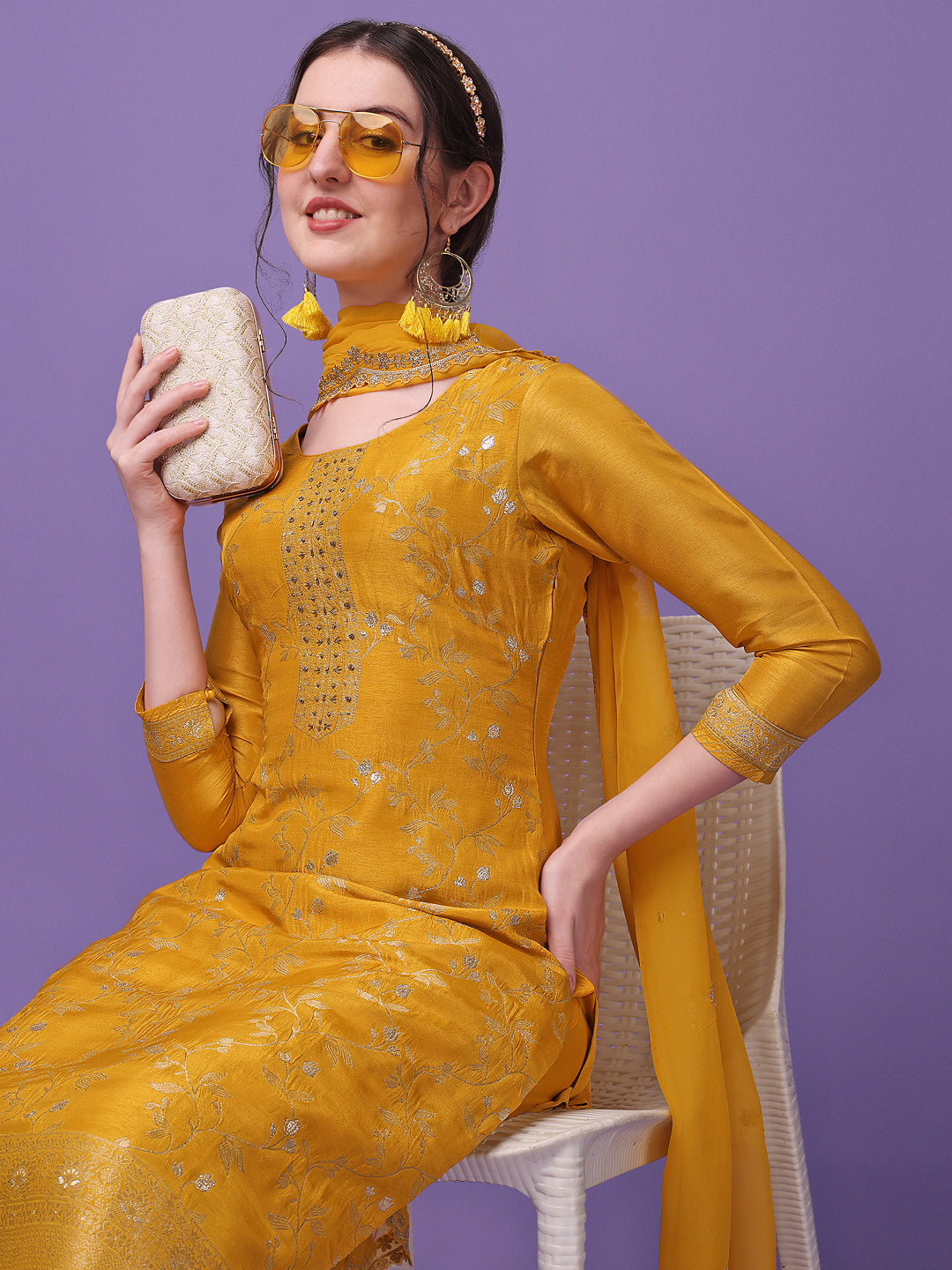Golden Yellow Jacquard Kurta Suit Set - qivii