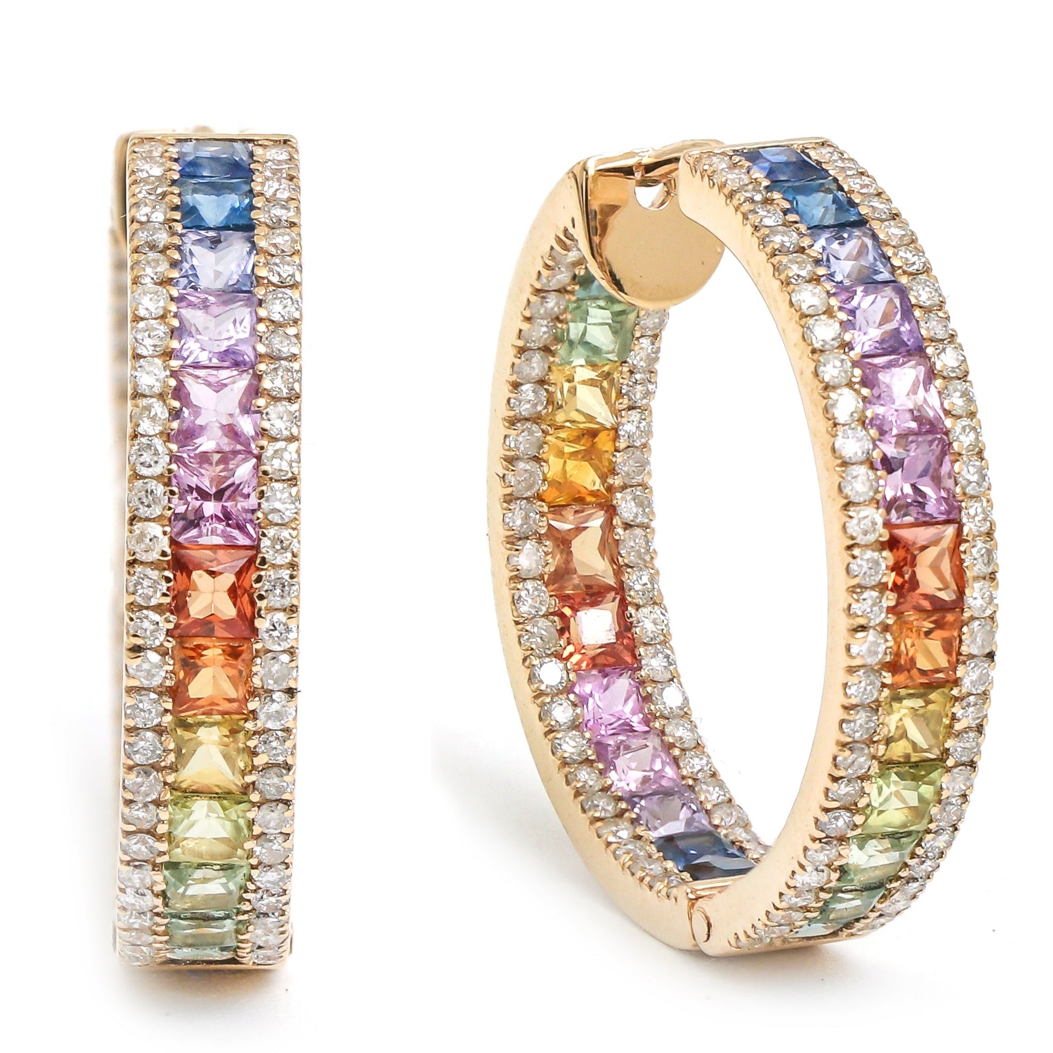 Rainbow Sapphire Princess Cut Diamond Hoops - qivii