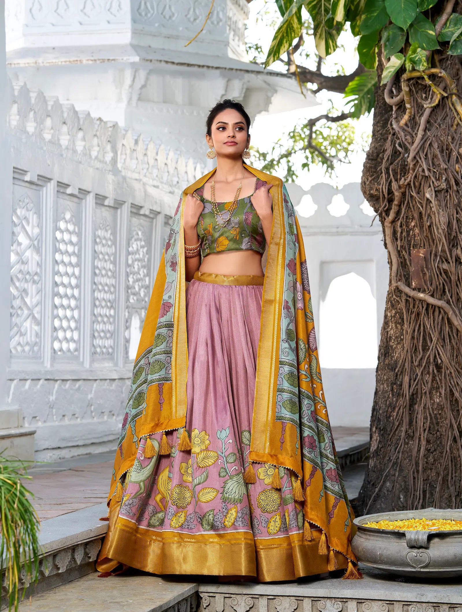 Onion Pink dola Silk Kalamkari Printed Lehenga Choli | Ready To Wear - qivii