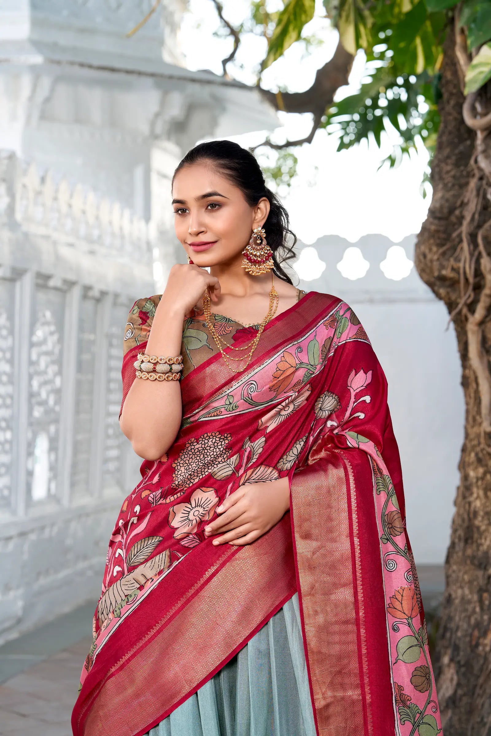 Sea Green dola Silk Kalamkari Printed Lehenga Choli | Ready To Wear - qivii