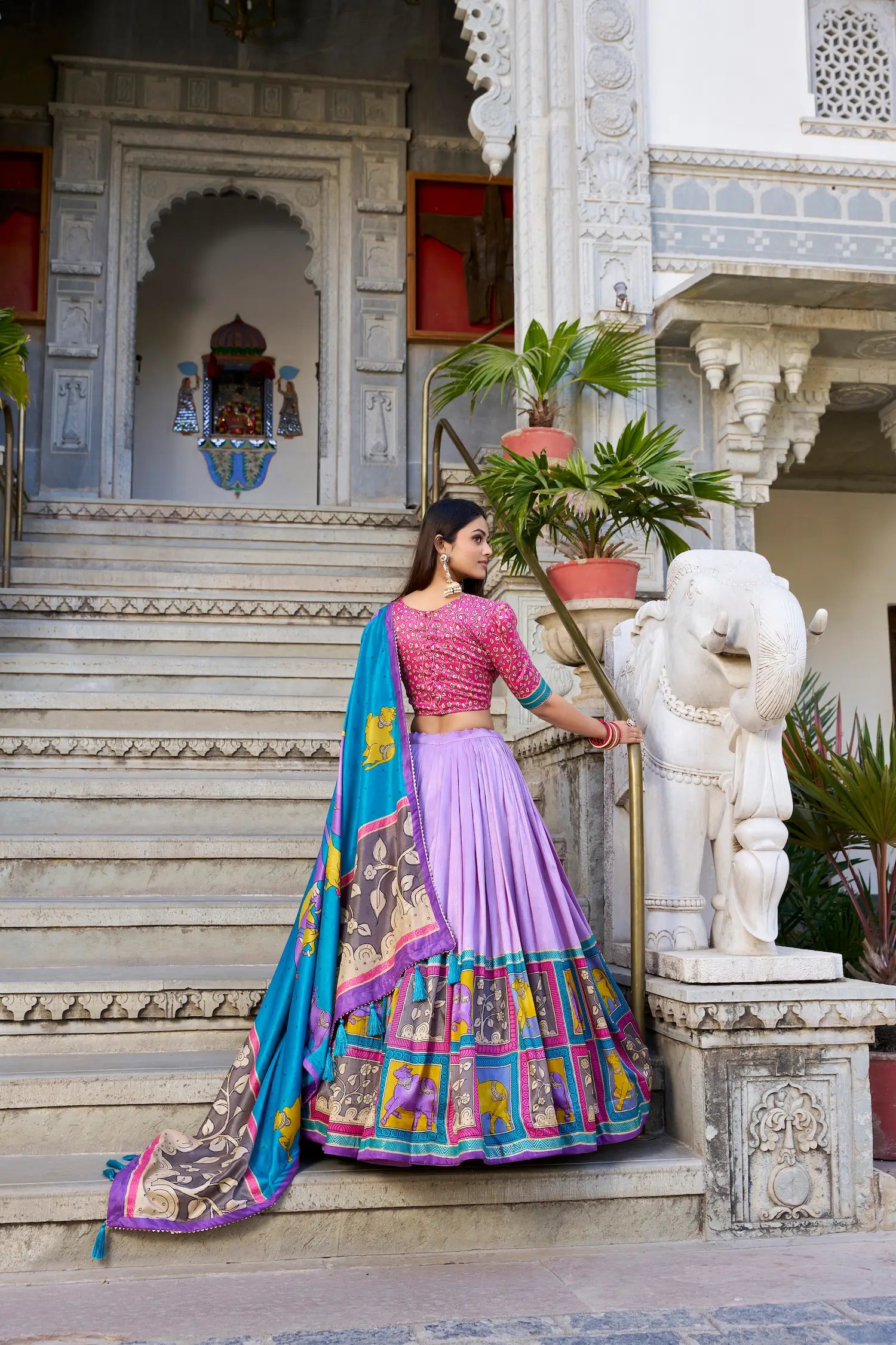 Lavender Tussar Silk Lehenga Choli With Kalamkari Print & Foil Work | Ready To Wear - qivii