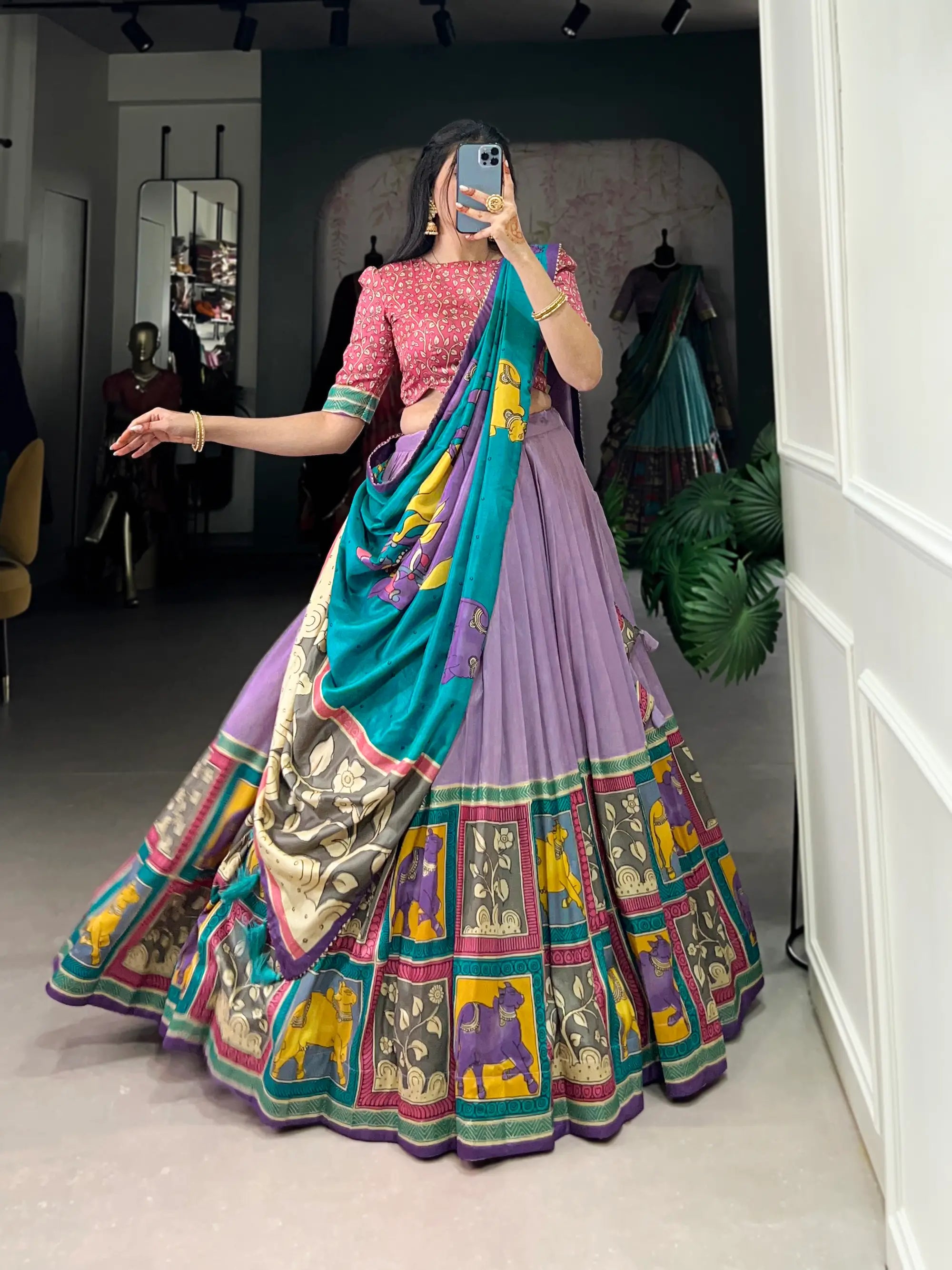 Lavender Tussar Silk Lehenga Choli With Kalamkari Print & Foil Work | Ready To Wear - qivii