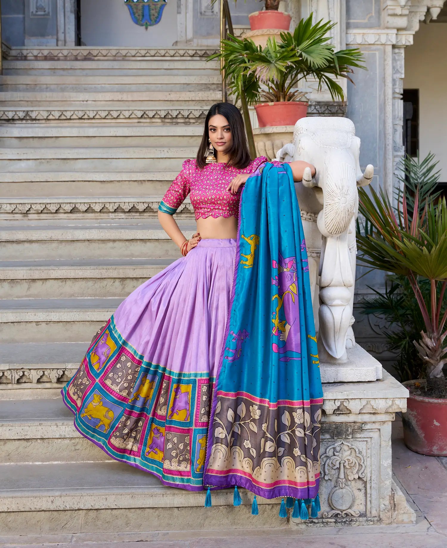Lavender Tussar Silk Lehenga Choli With Kalamkari Print & Foil Work | Ready To Wear - qivii