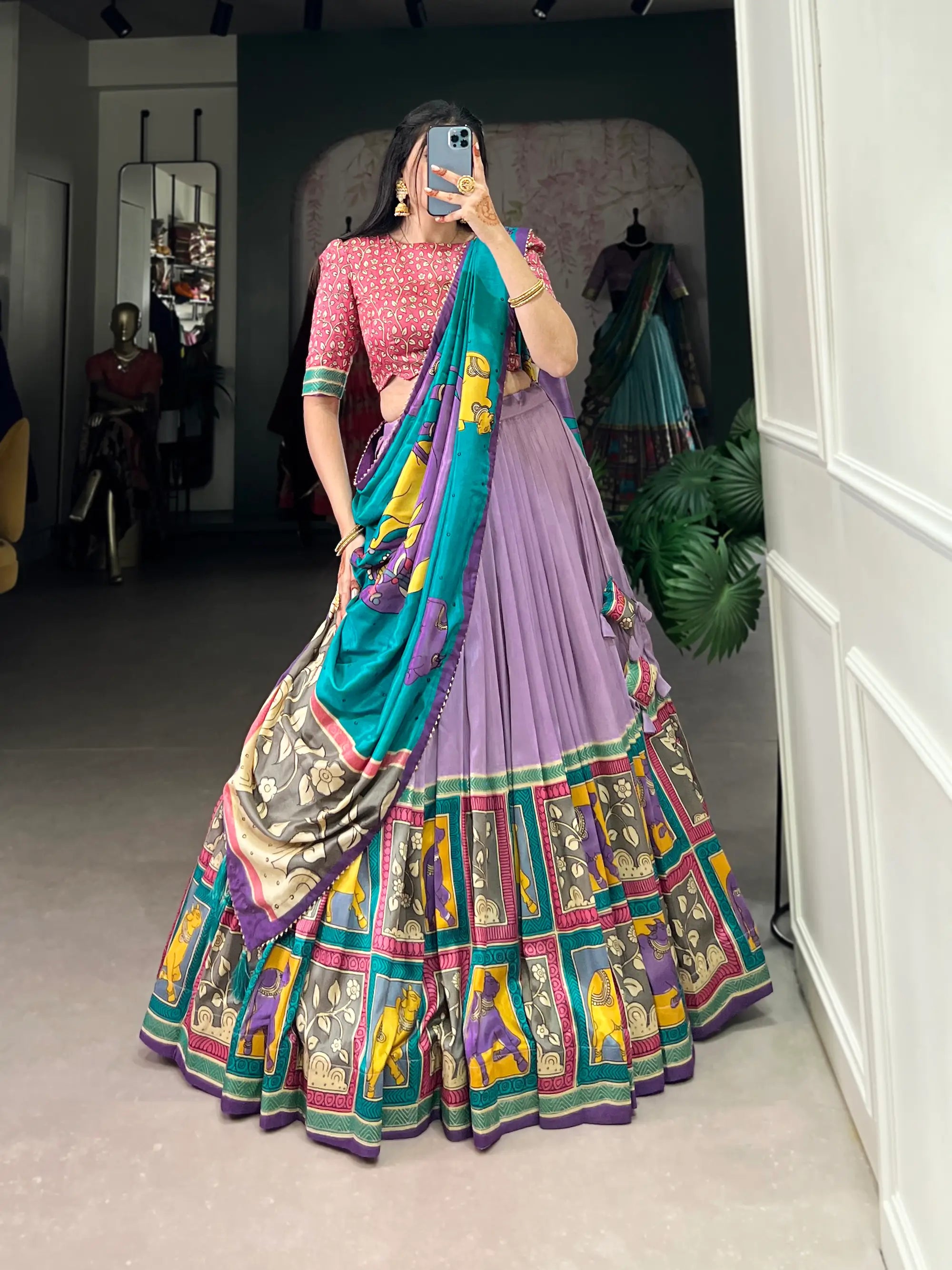 Lavender Tussar Silk Lehenga Choli With Kalamkari Print & Foil Work | Ready To Wear - qivii