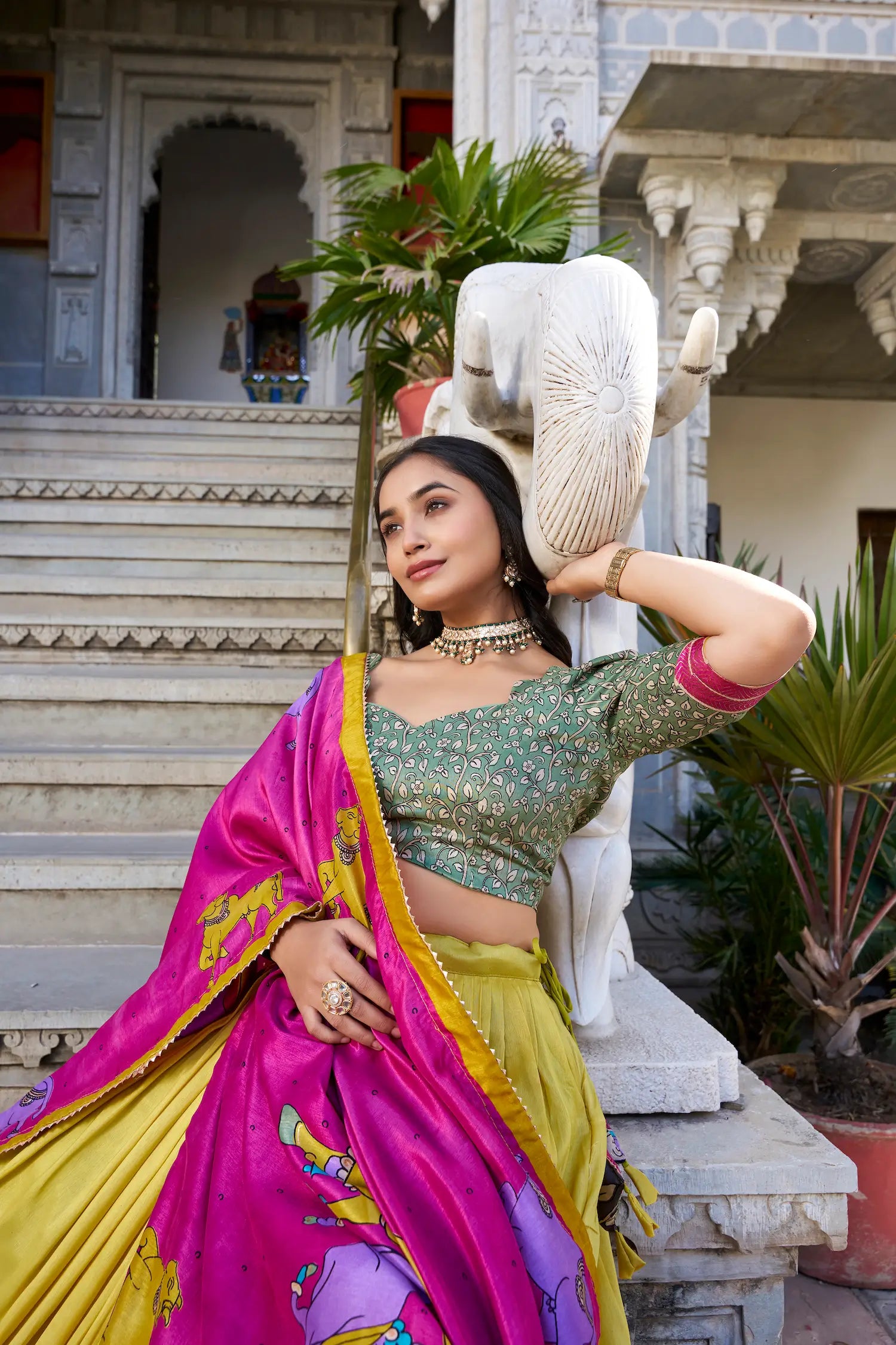 Mustard Tussar Silk Lehenga Choli With Kalamkari Print & Foil Work | Ready To Wear - qivii