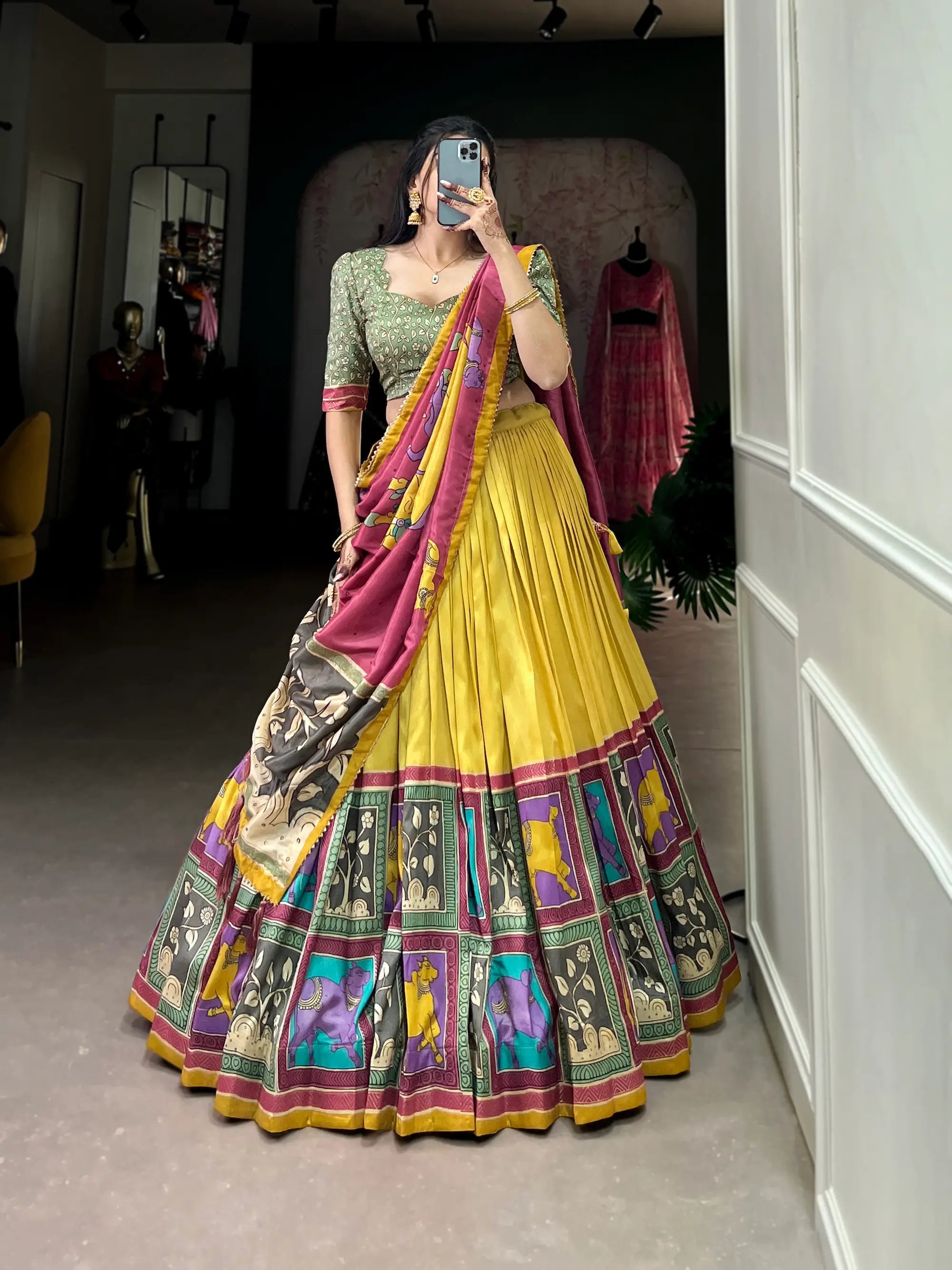 Mustard Tussar Silk Lehenga Choli With Kalamkari Print & Foil Work | Ready To Wear - qivii