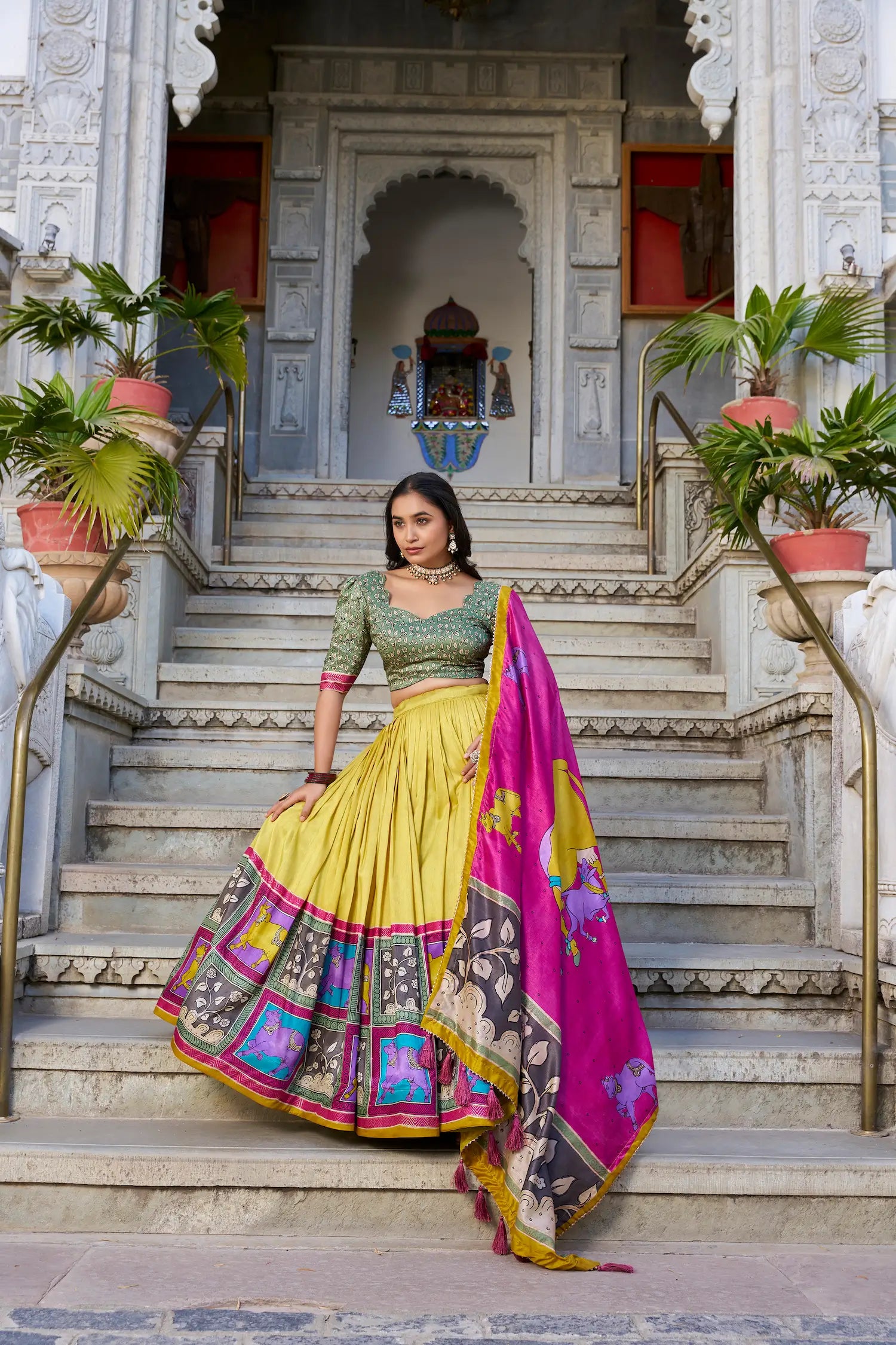 Mustard Tussar Silk Lehenga Choli With Kalamkari Print & Foil Work | Ready To Wear - qivii