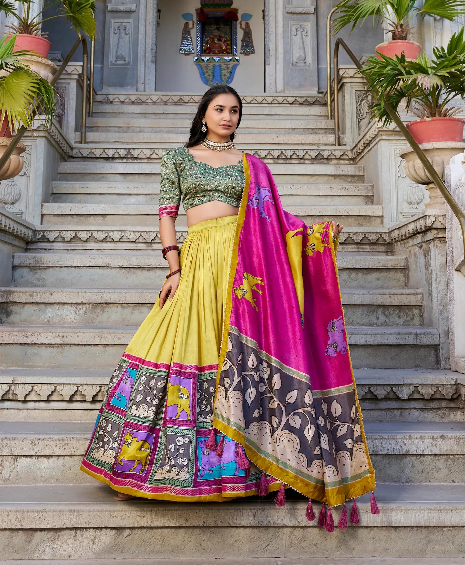 Mustard Tussar Silk Lehenga Choli With Kalamkari Print & Foil Work | Ready To Wear - qivii