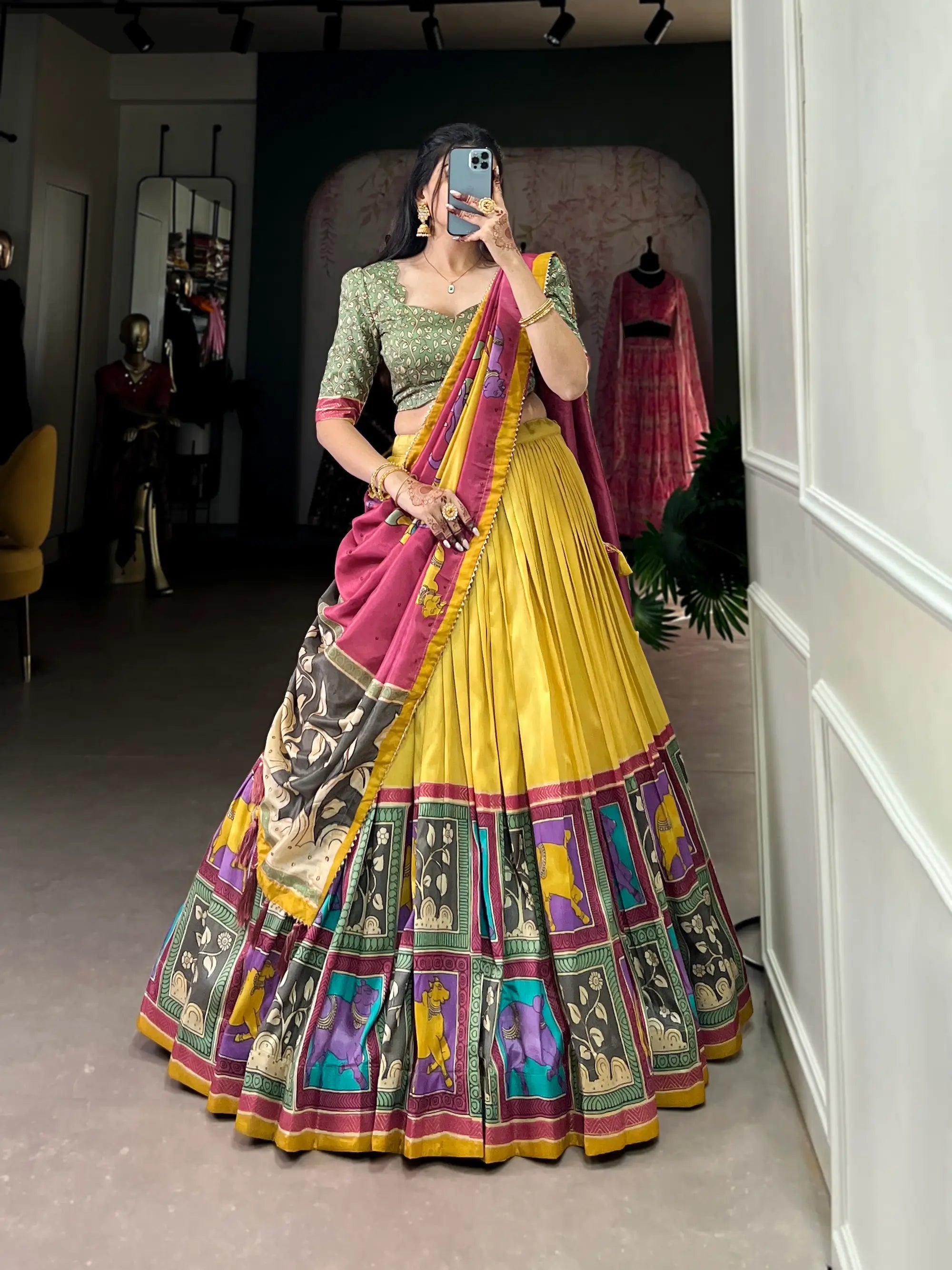 Mustard Tussar Silk Lehenga Choli With Kalamkari Print & Foil Work | Ready To Wear - qivii