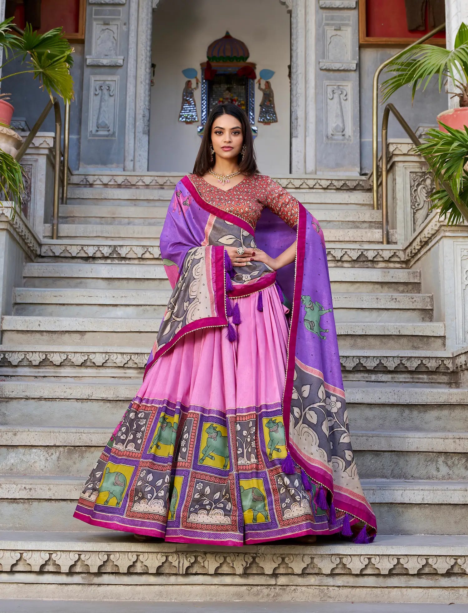 Peach Tussar Silk Lehenga Choli With Kalamkari Print & Foil Work | Ready To Wear - qivii
