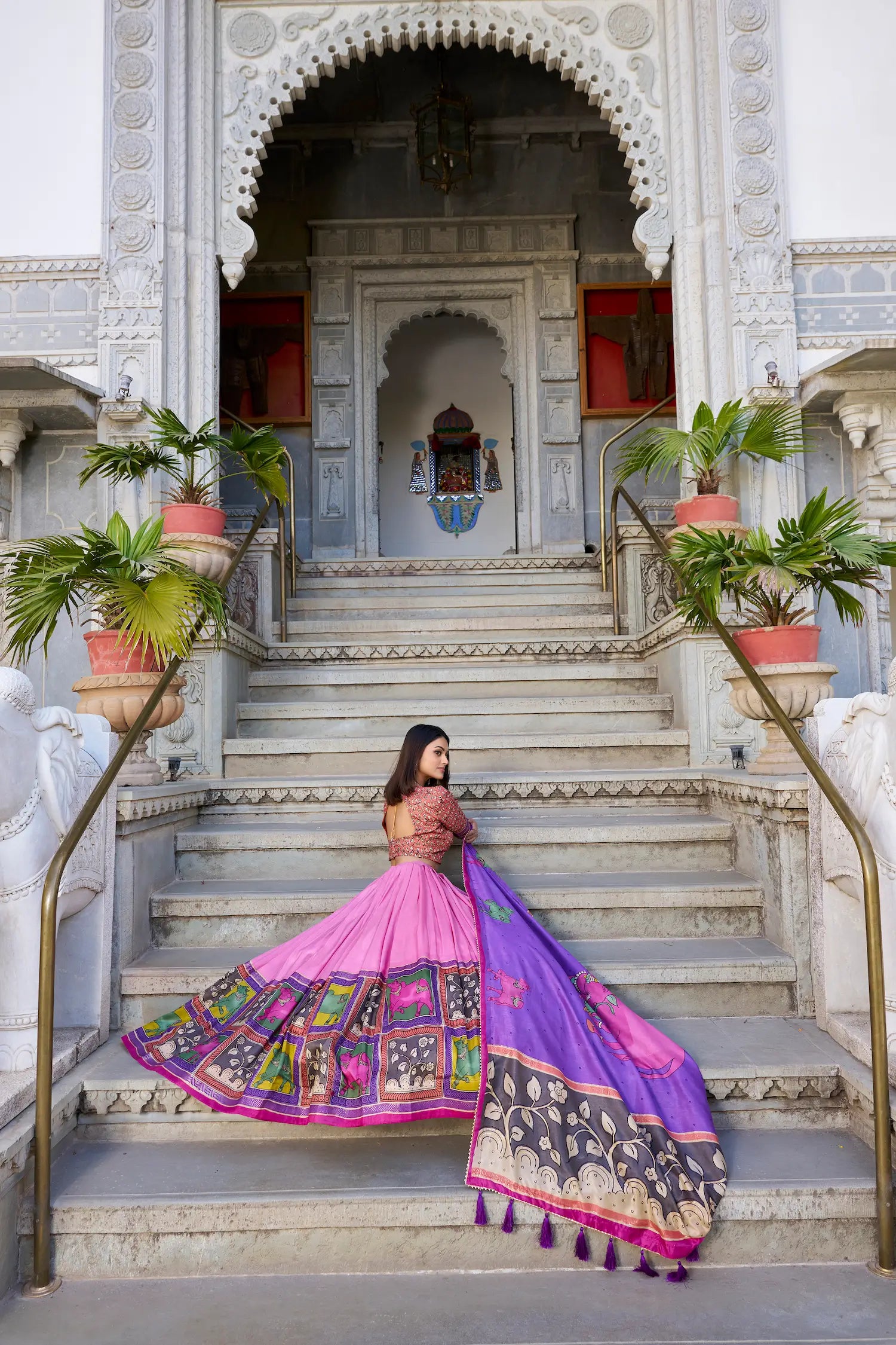 Peach Tussar Silk Lehenga Choli With Kalamkari Print & Foil Work | Ready To Wear - qivii