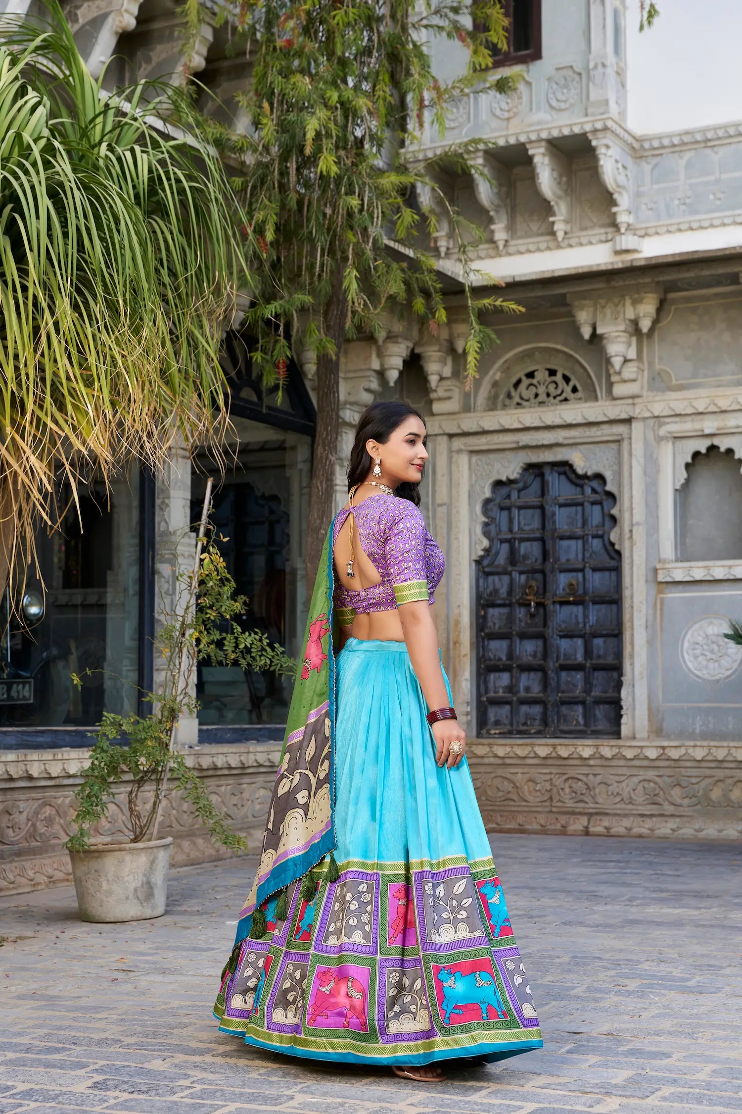 Sea Green Tussar Silk Lehenga Choli With Kalamkari Print & Foil Work | Ready To Wear - qivii