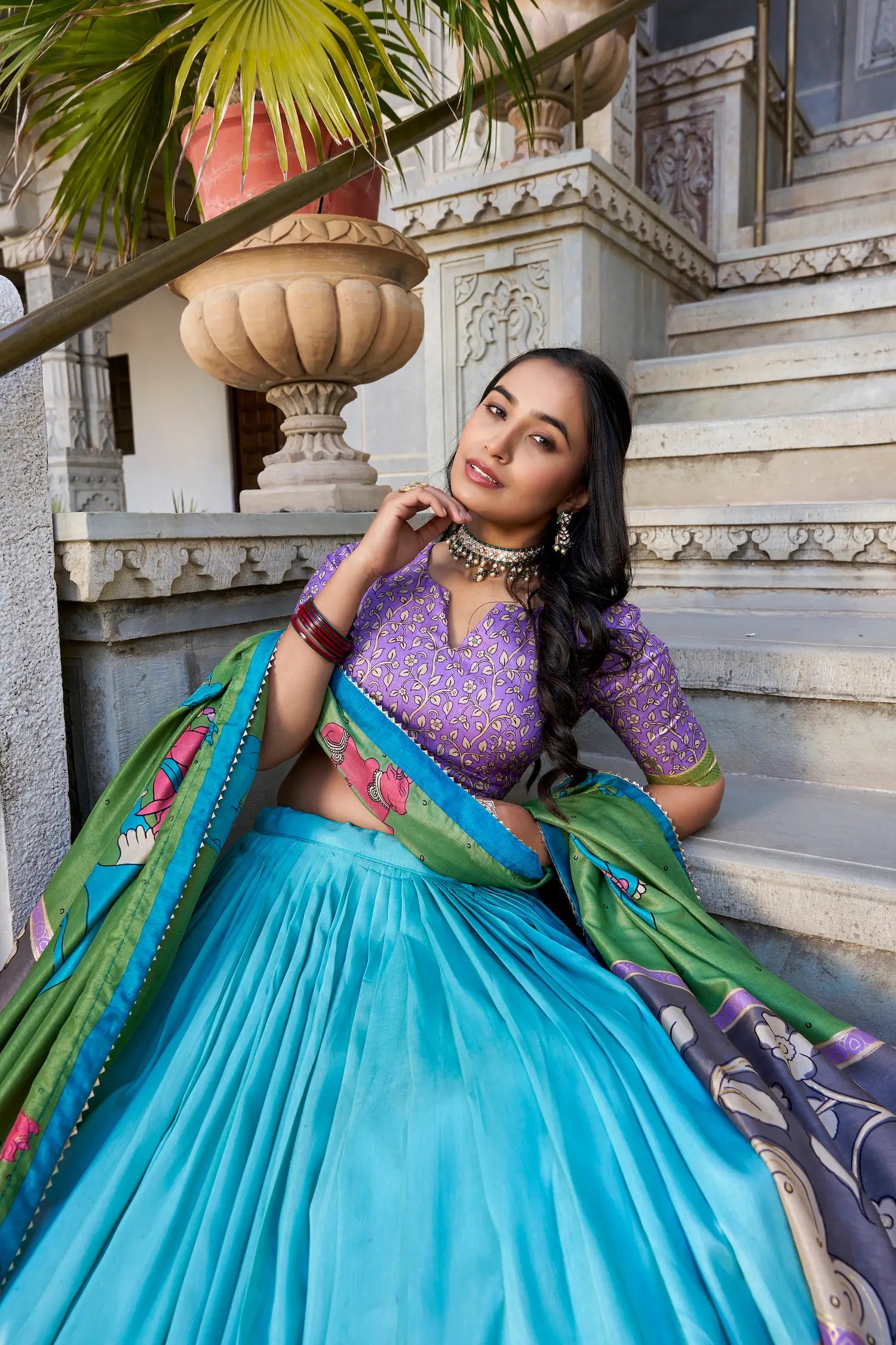 Sea Green Tussar Silk Lehenga Choli With Kalamkari Print & Foil Work | Ready To Wear - qivii