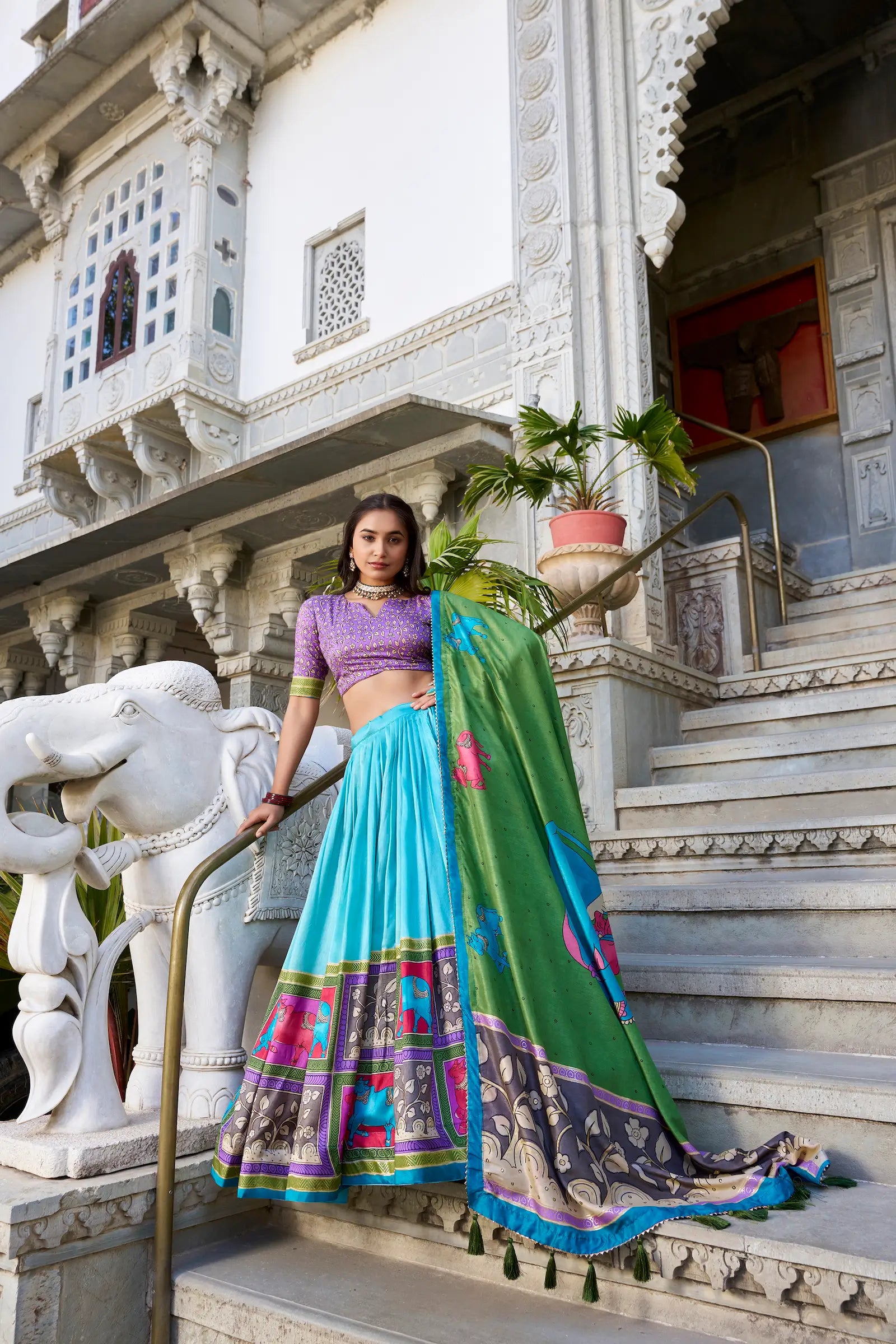 Sea Green Tussar Silk Lehenga Choli With Kalamkari Print & Foil Work | Ready To Wear - qivii
