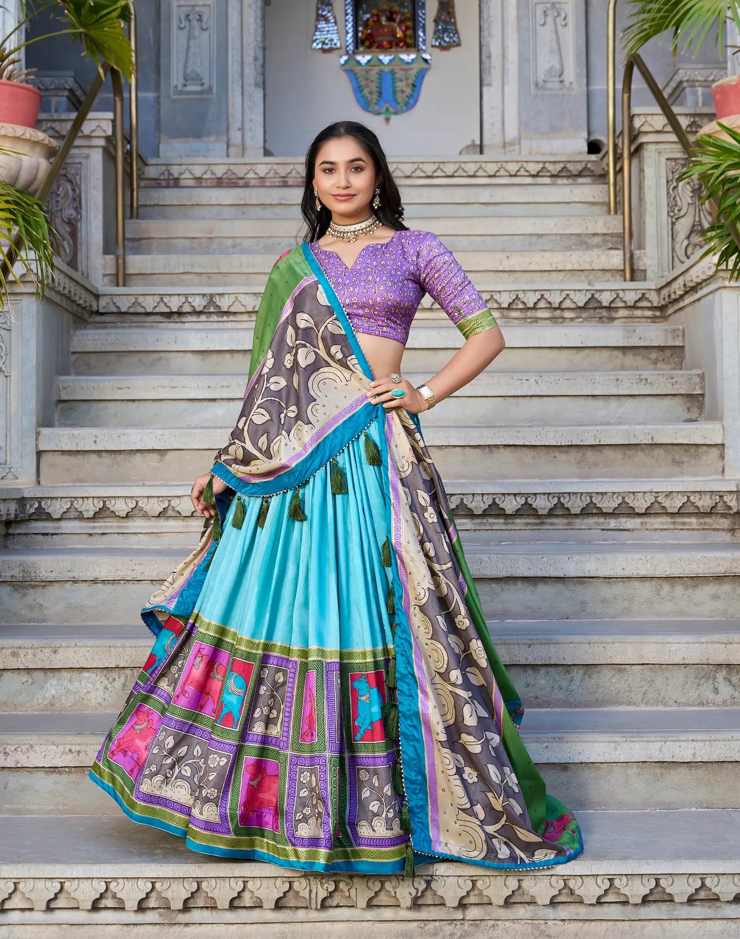 Sea Green Tussar Silk Lehenga Choli With Kalamkari Print & Foil Work | Ready To Wear - qivii