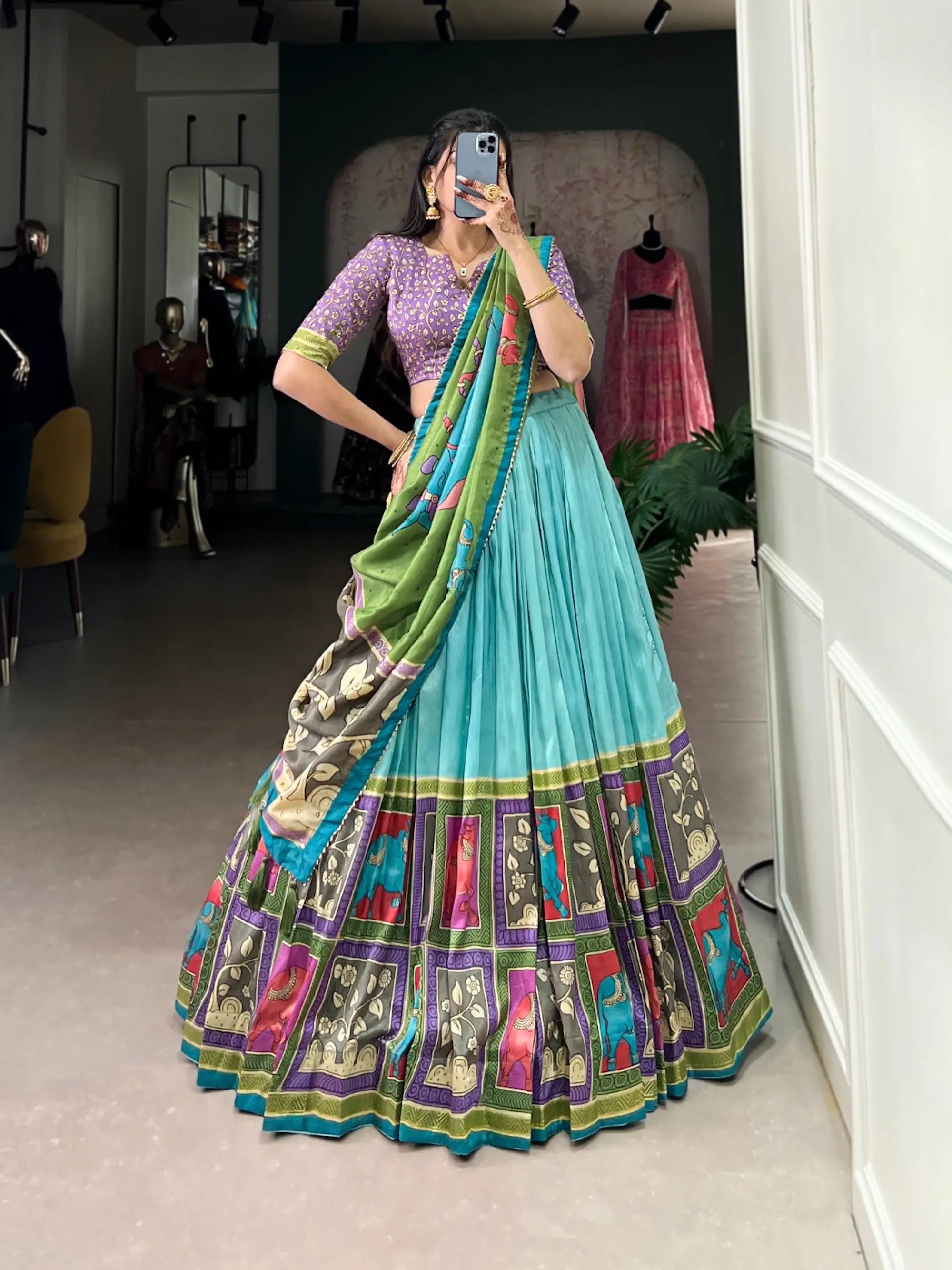 Sea Green Tussar Silk Lehenga Choli With Kalamkari Print & Foil Work | Ready To Wear - qivii