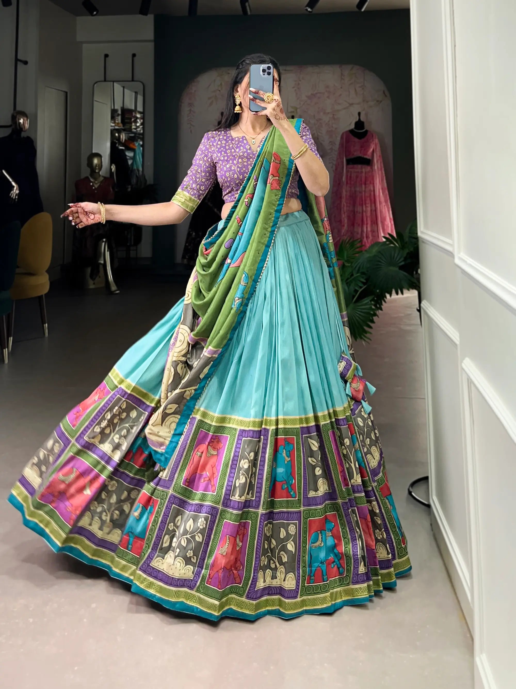 Sea Green Tussar Silk Lehenga Choli With Kalamkari Print & Foil Work | Ready To Wear - qivii