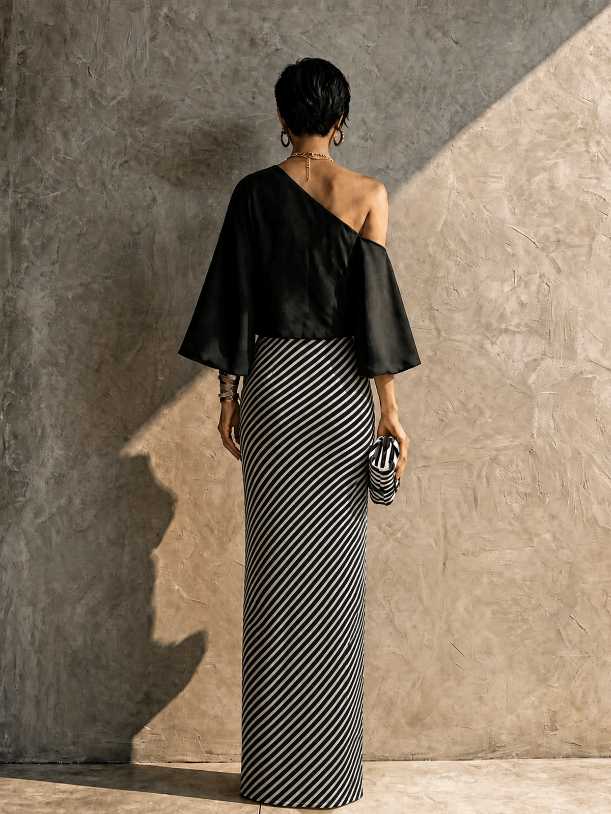 Women's Modern Elegant Black White Knit Cotton Blend One-Shoulder Striped Maxi Skirt Set MDZ2985G7GMJ