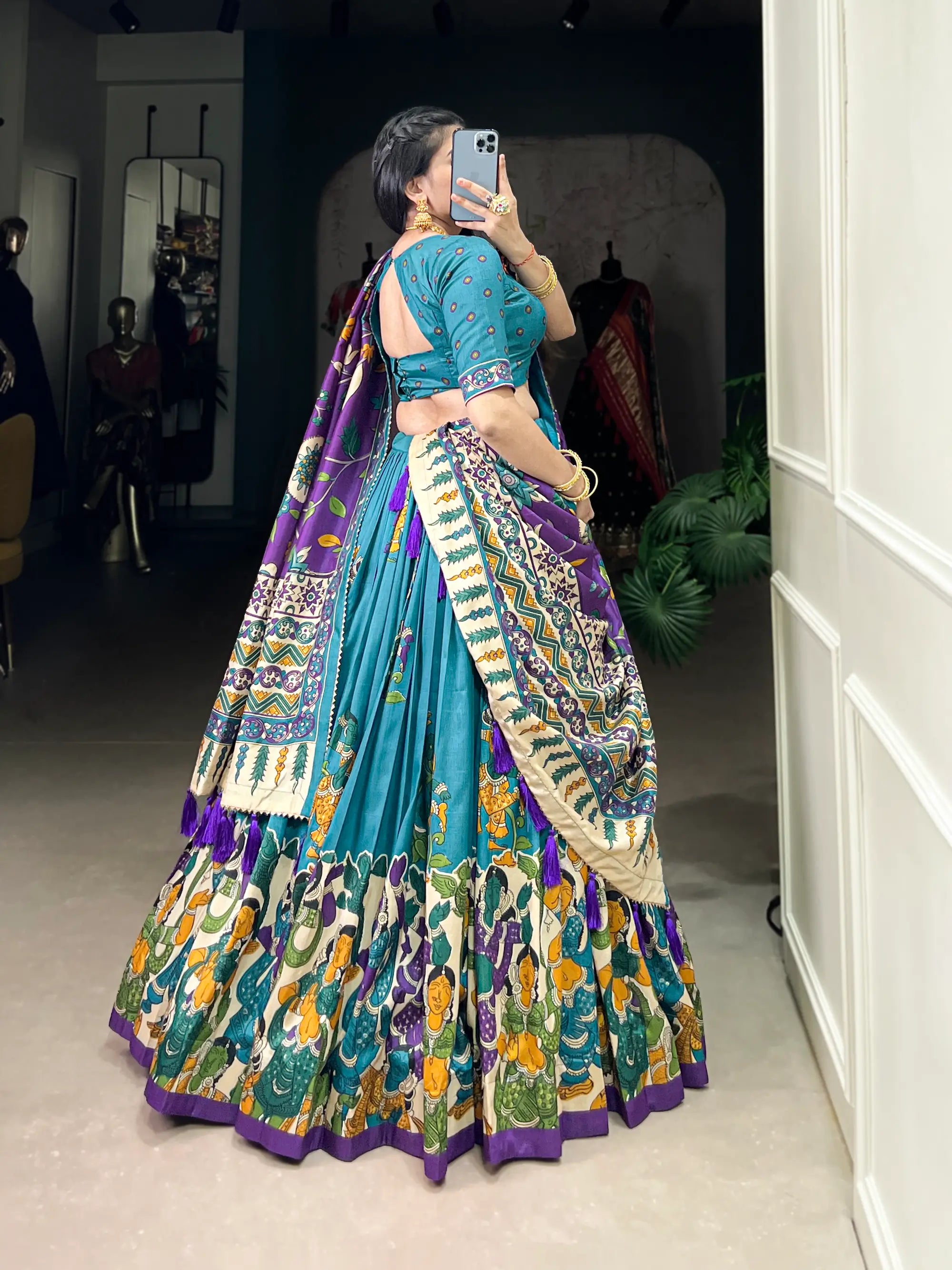 Sea Blue Tussar Silk Lehenga Choli With Kalamkari Print & Foil Work | Ready To Wear - qivii